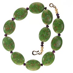 AJD 23 Inch Lime Green Magnesite Oval Tablet Necklace with Amethyst Accents