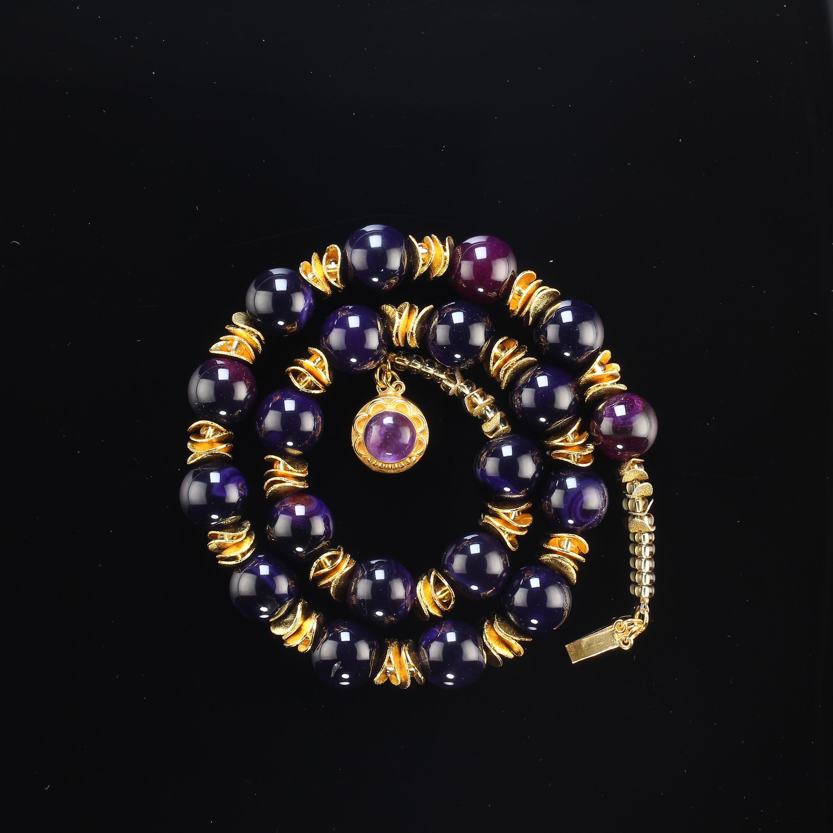 AJD 23 Inch Necklace of Polished Amethyst with Gold Accents February Birthstone In New Condition For Sale In Raleigh, NC