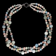 AJD 23 Inch Three Strand Multi Color Beryl Necklace in Pink, Blue and Green