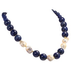 AJD 24 Inch Dramatic Blue Lapis Lazuli and White Baroque Pearl Necklace