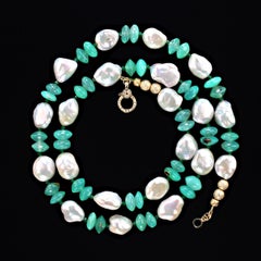 AJD 24 Inch Glowing Green Chrysoprase & White Pearl Necklace  Perfect Gift