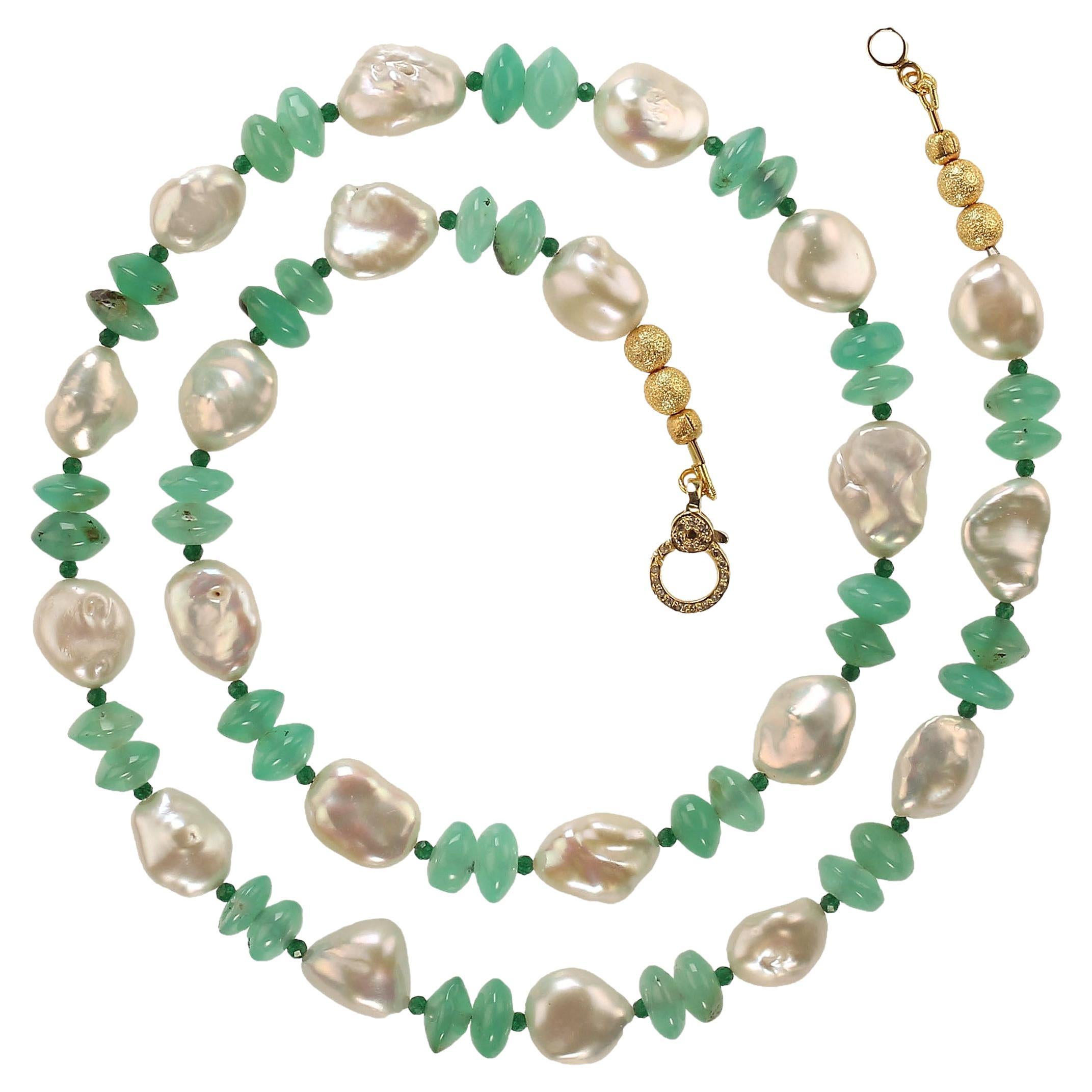 Artisan AJD 24 Inch Glowing Green Chrysoprase & White Pearl Necklace  Perfect Gift For Sale