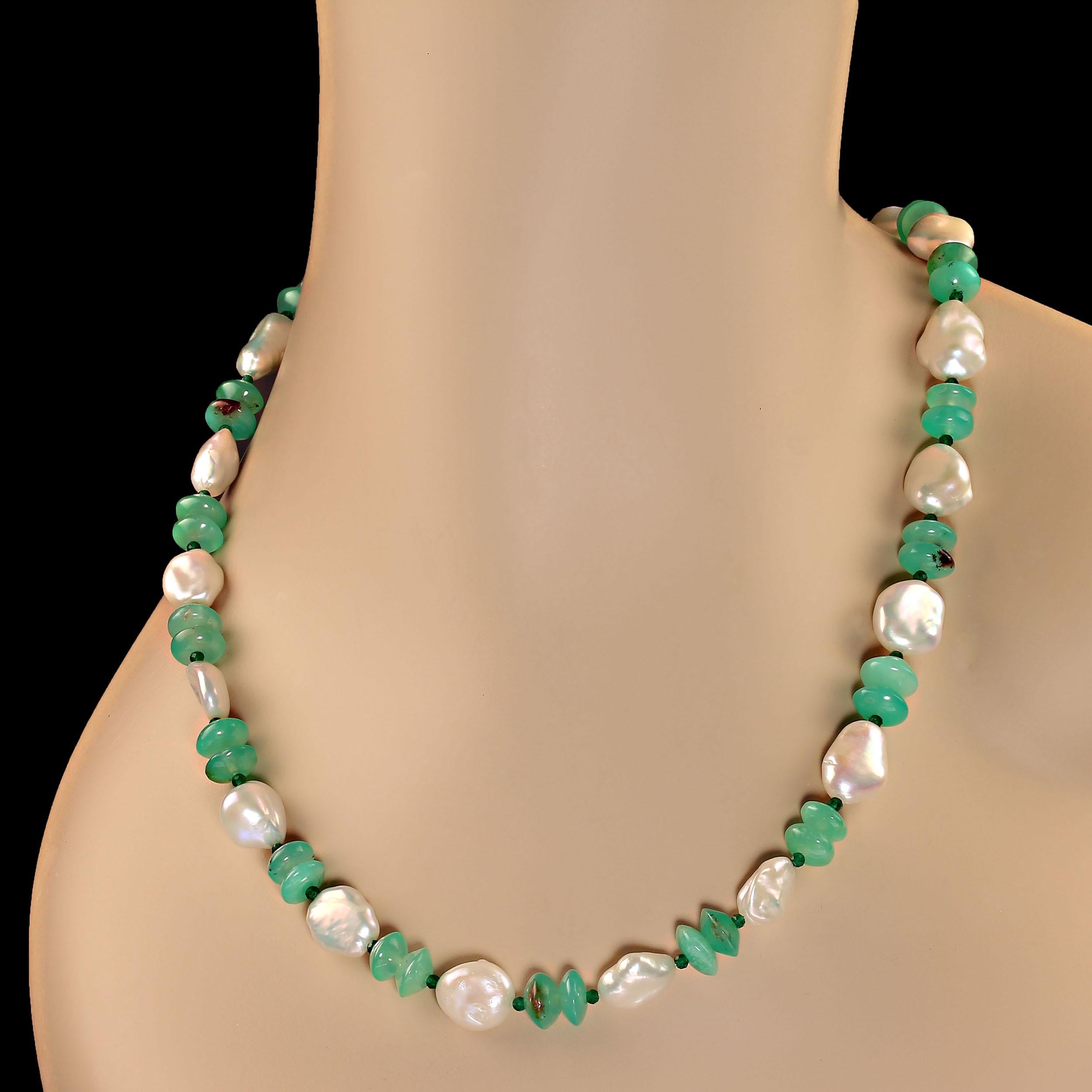 Bead AJD 24 Inch Glowing Green Chrysoprase & White Pearl Necklace  Perfect Gift For Sale