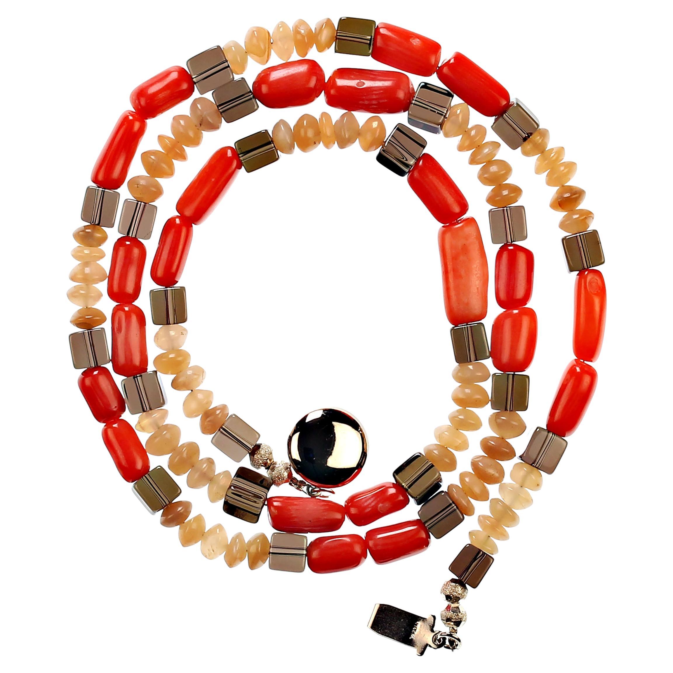 AJD 24 Inch Necklace of Coral, Sunstone, and Smoky Quartz