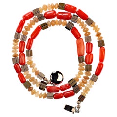 AJD 24 Inch Necklace of Coral, Sunstone, and Smoky Quartz