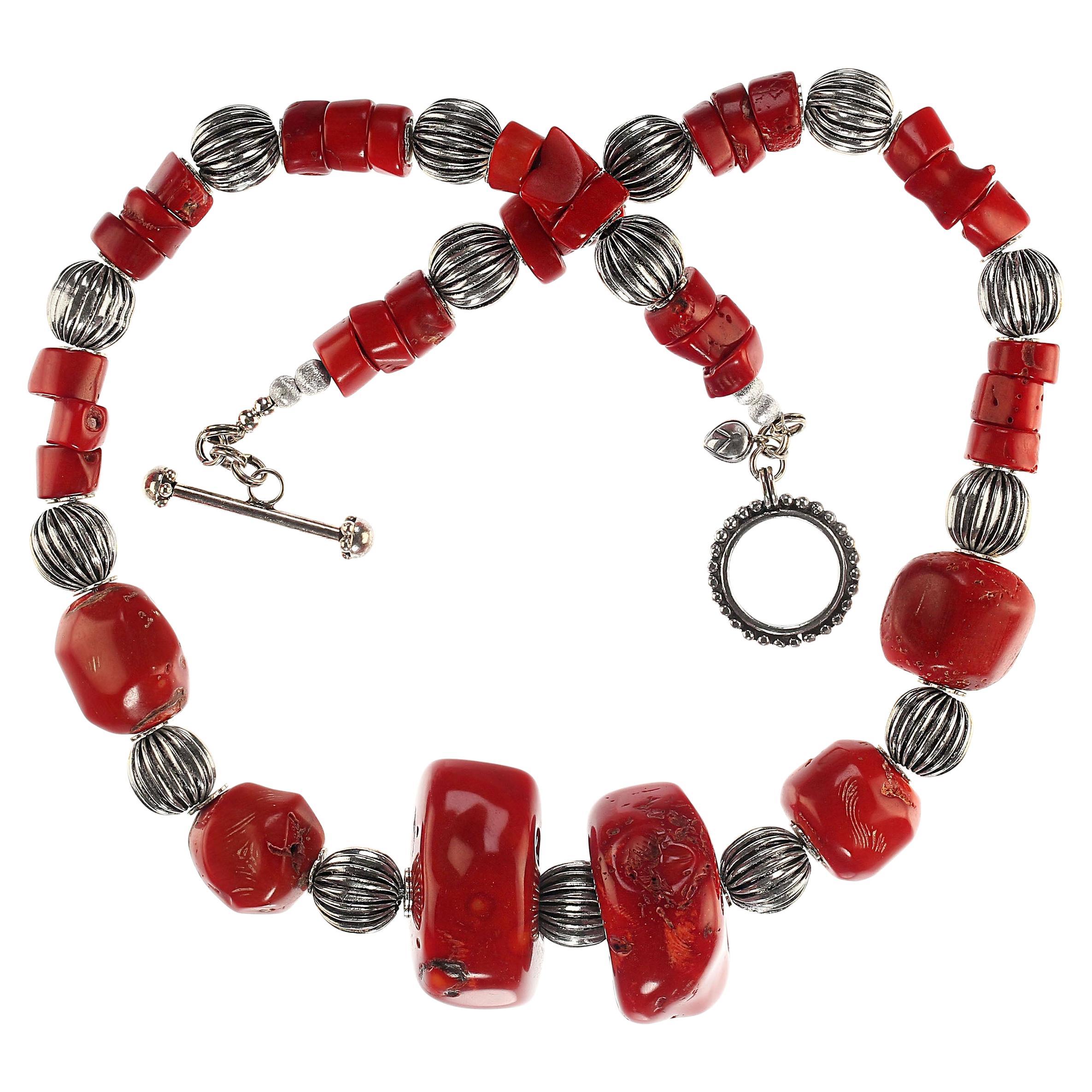 AJD 24 Inch Rich Red Bamboo Coral Statement Necklace with Fluted Accents For Sale