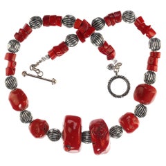AJD 24 Inch Rich Red Bamboo Coral Statement Necklace with Fluted Accents