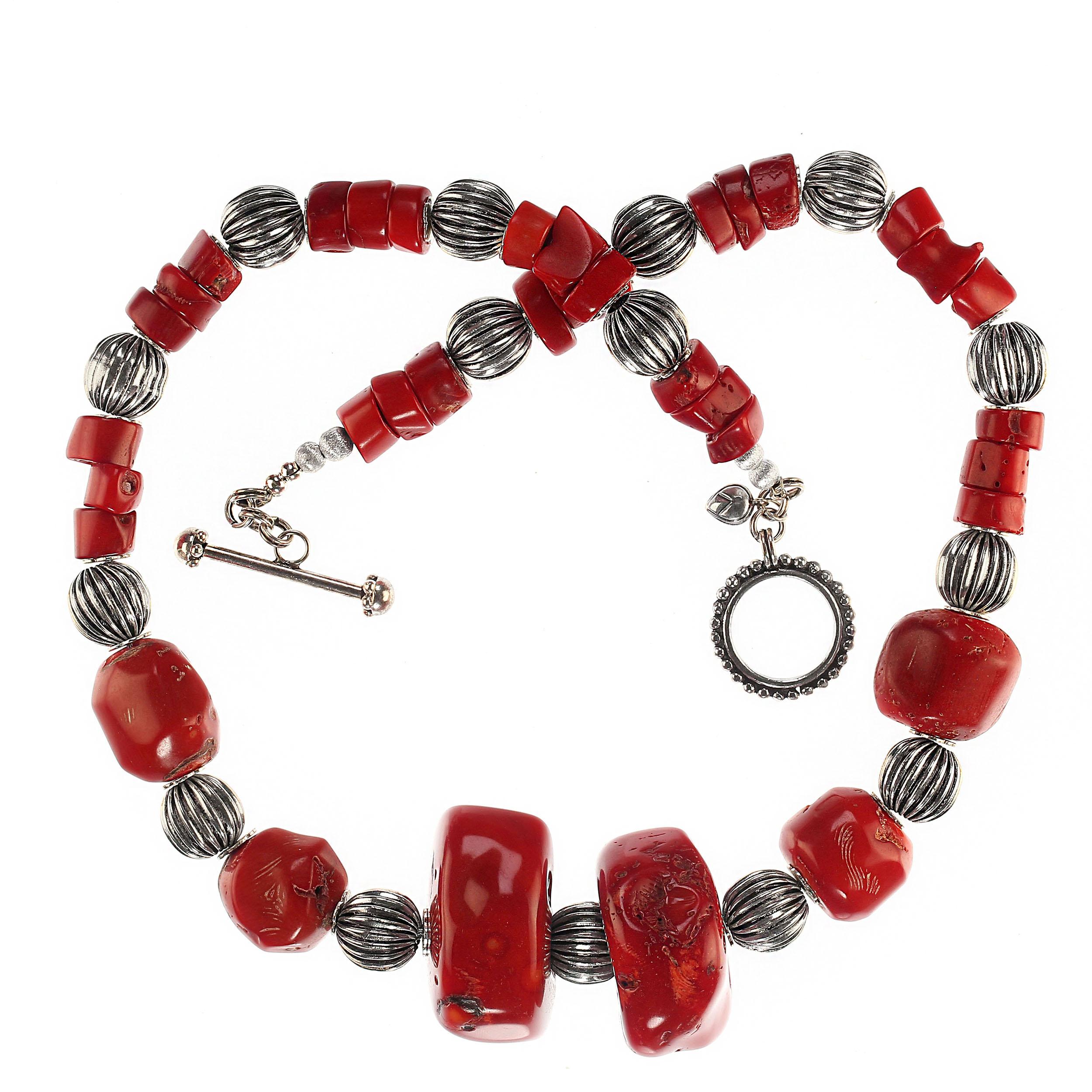 Women's or Men's AJD 24 Inch Rich Red Bamboo Coral Statement Necklace with Silver Fluted Accents For Sale