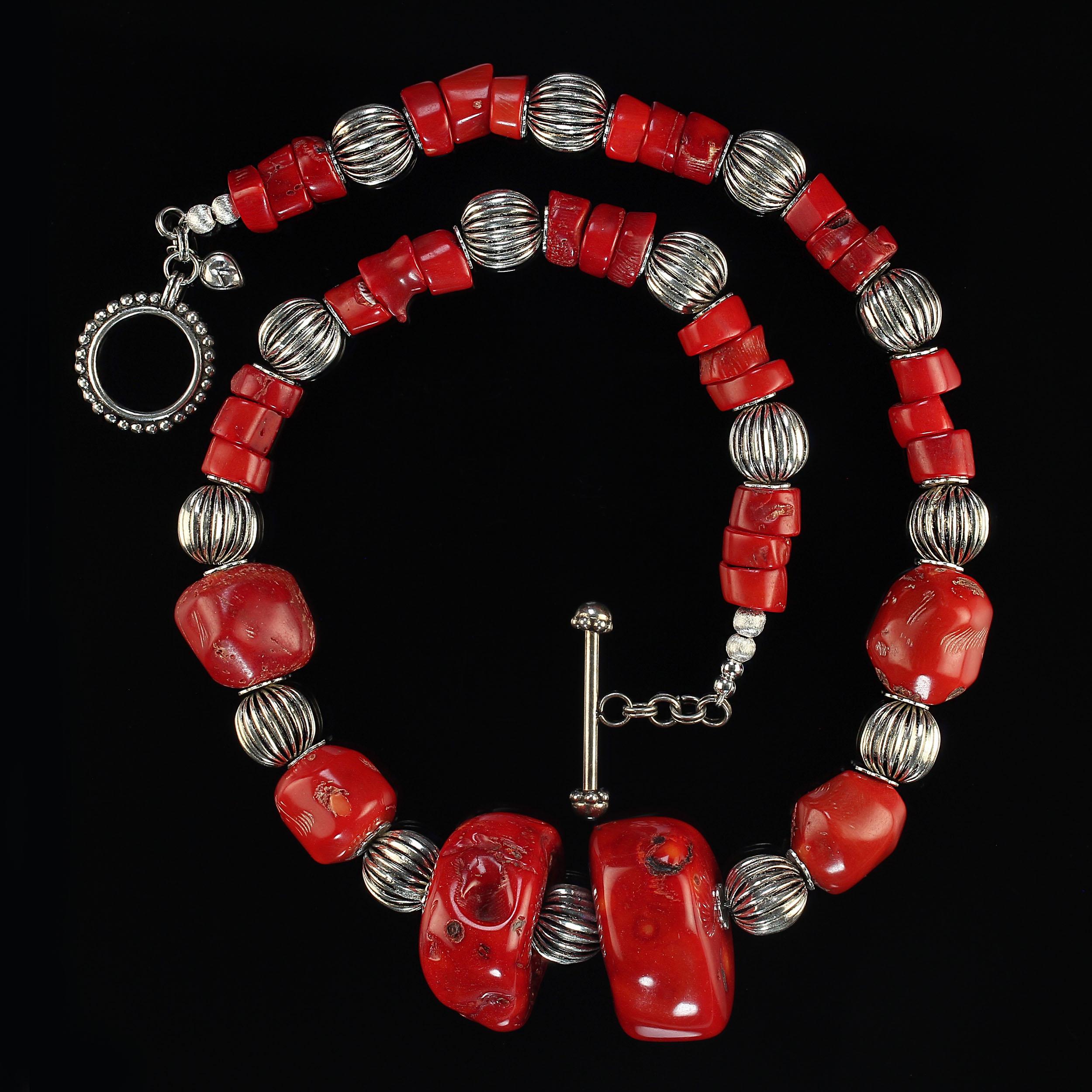 AJD 24 Inch Rich Red Bamboo Coral Statement Necklace with Silver Fluted Accents For Sale 1