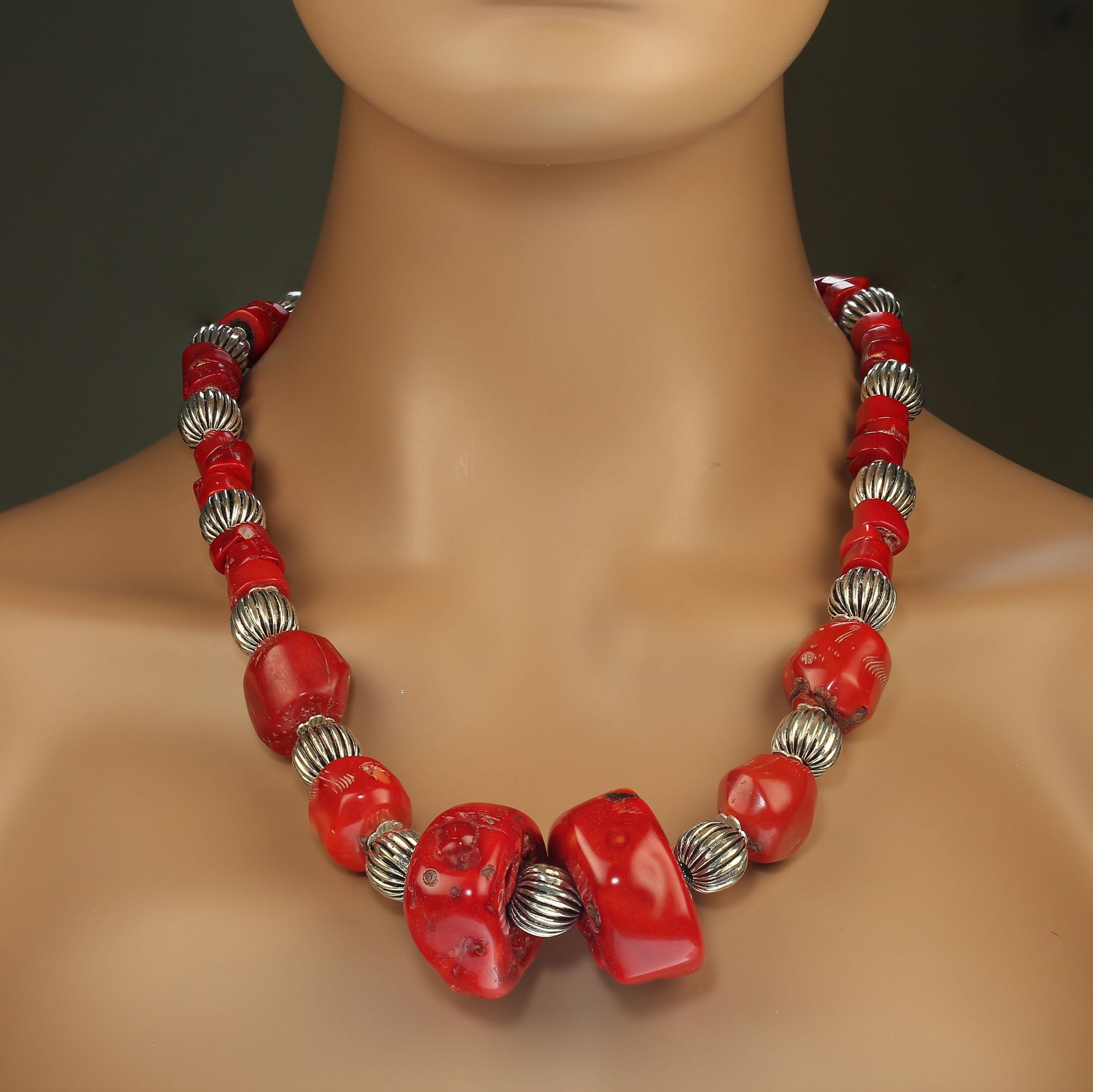 AJD 24 Inch Rich Red Bamboo Coral Statement Necklace with Silver Fluted Accents For Sale 2