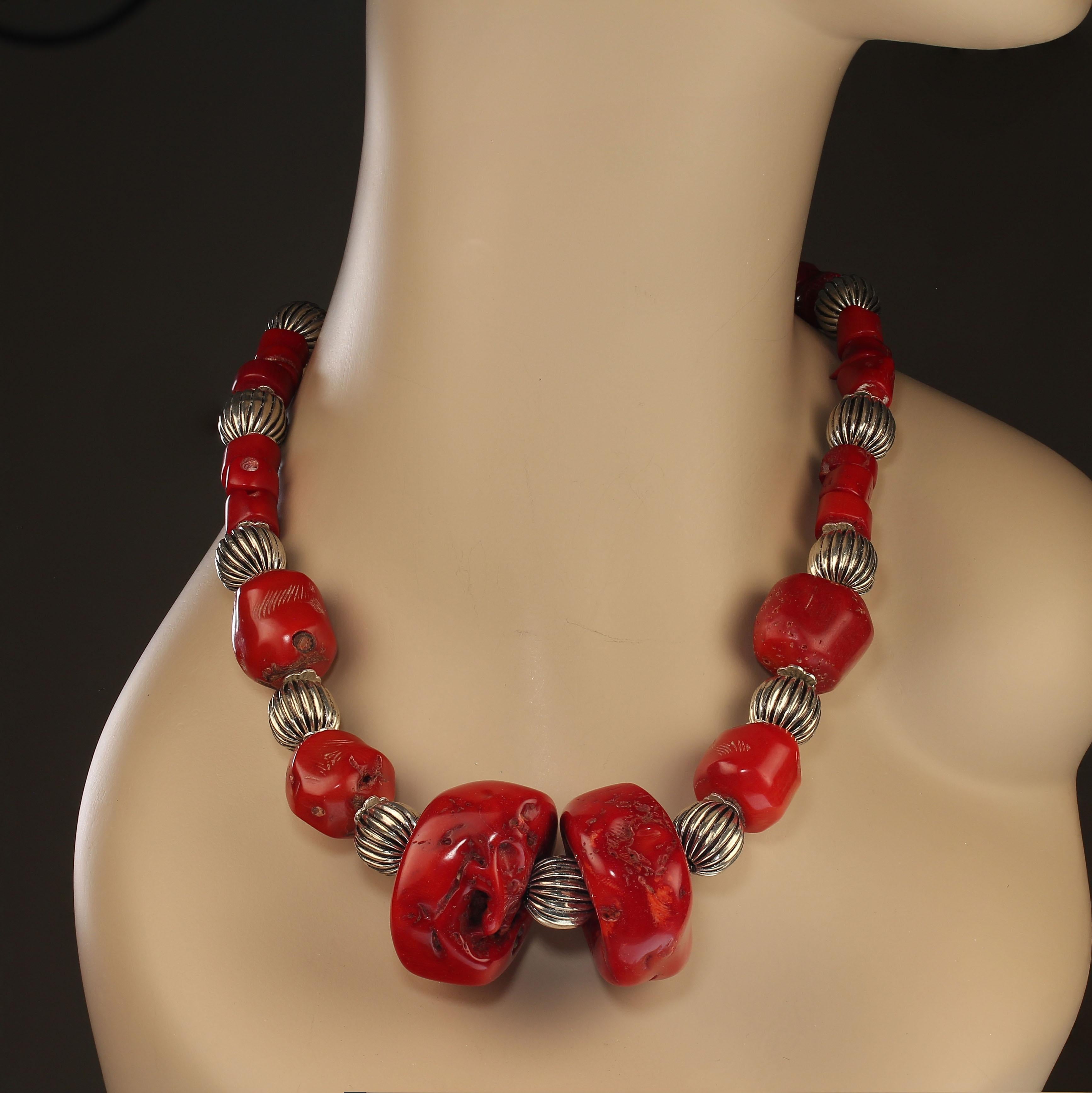 AJD 24 Inch Rich Red Bamboo Coral Statement Necklace with Silver Fluted Accents For Sale 3
