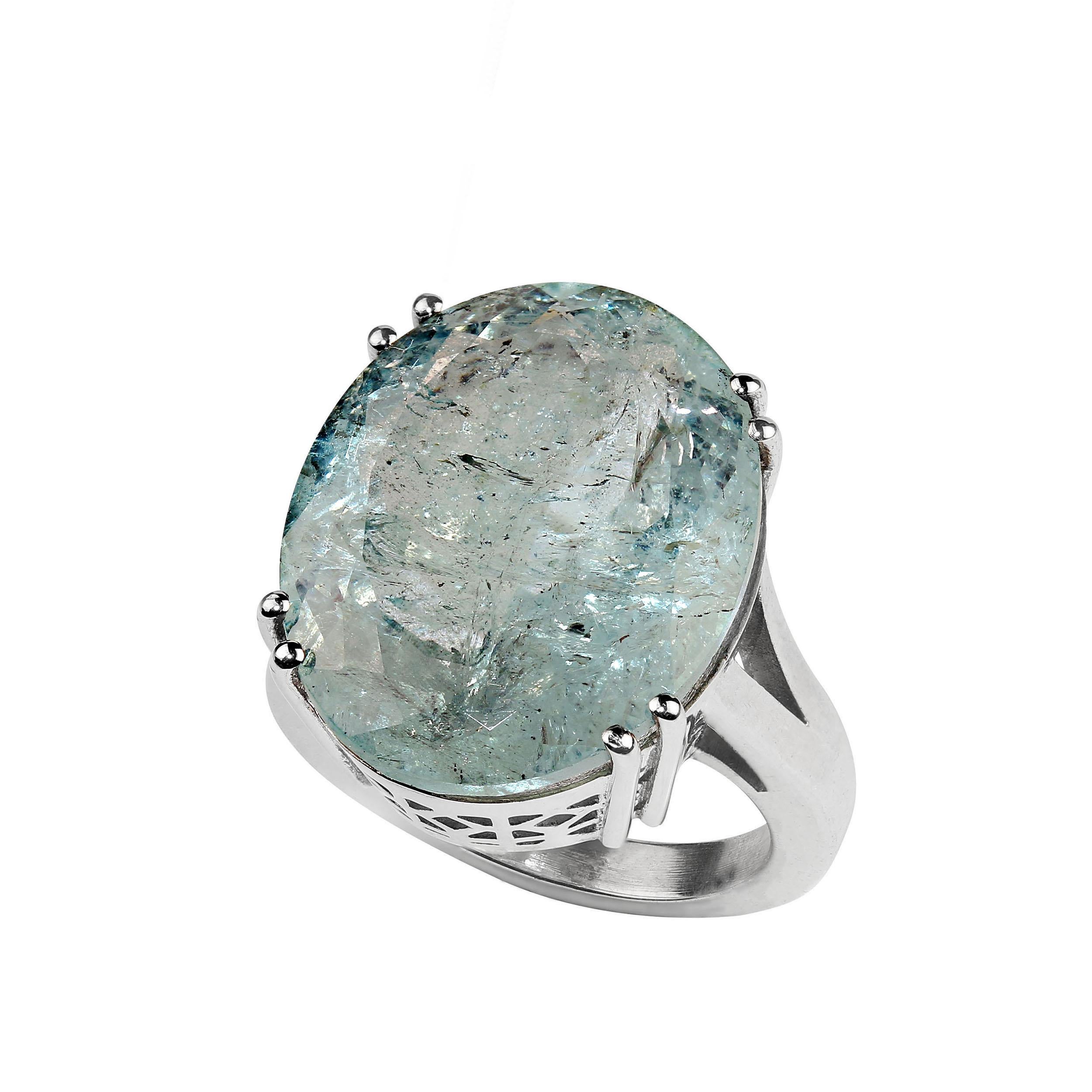 Oval Cut AJD 25 Carat Blue-Green Oval Beryl Set in Elegant Sterling Silver Ring For Sale