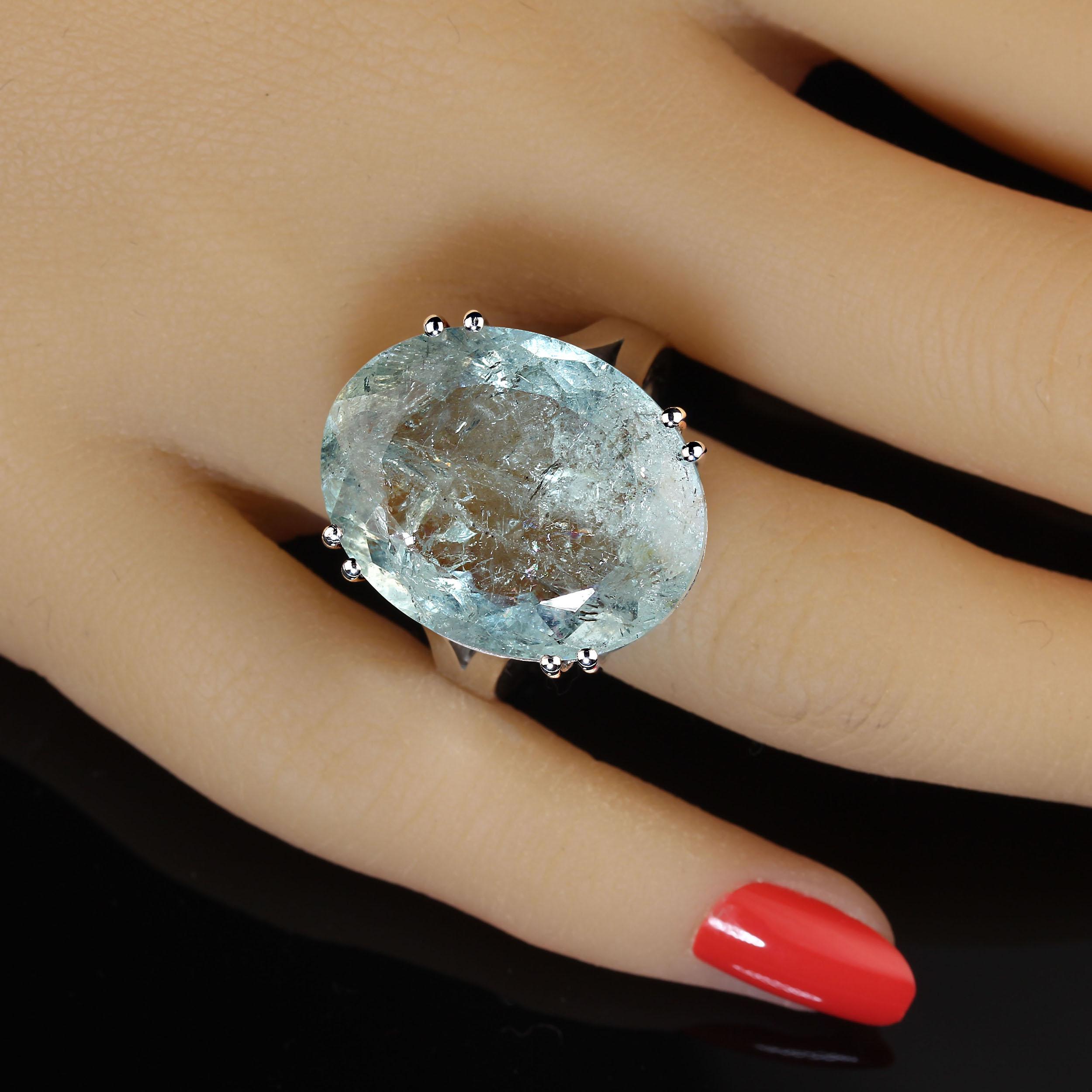 AJD 25 Carat Blue-Green Oval Beryl Set in Elegant Sterling Silver Ring In New Condition For Sale In Raleigh, NC