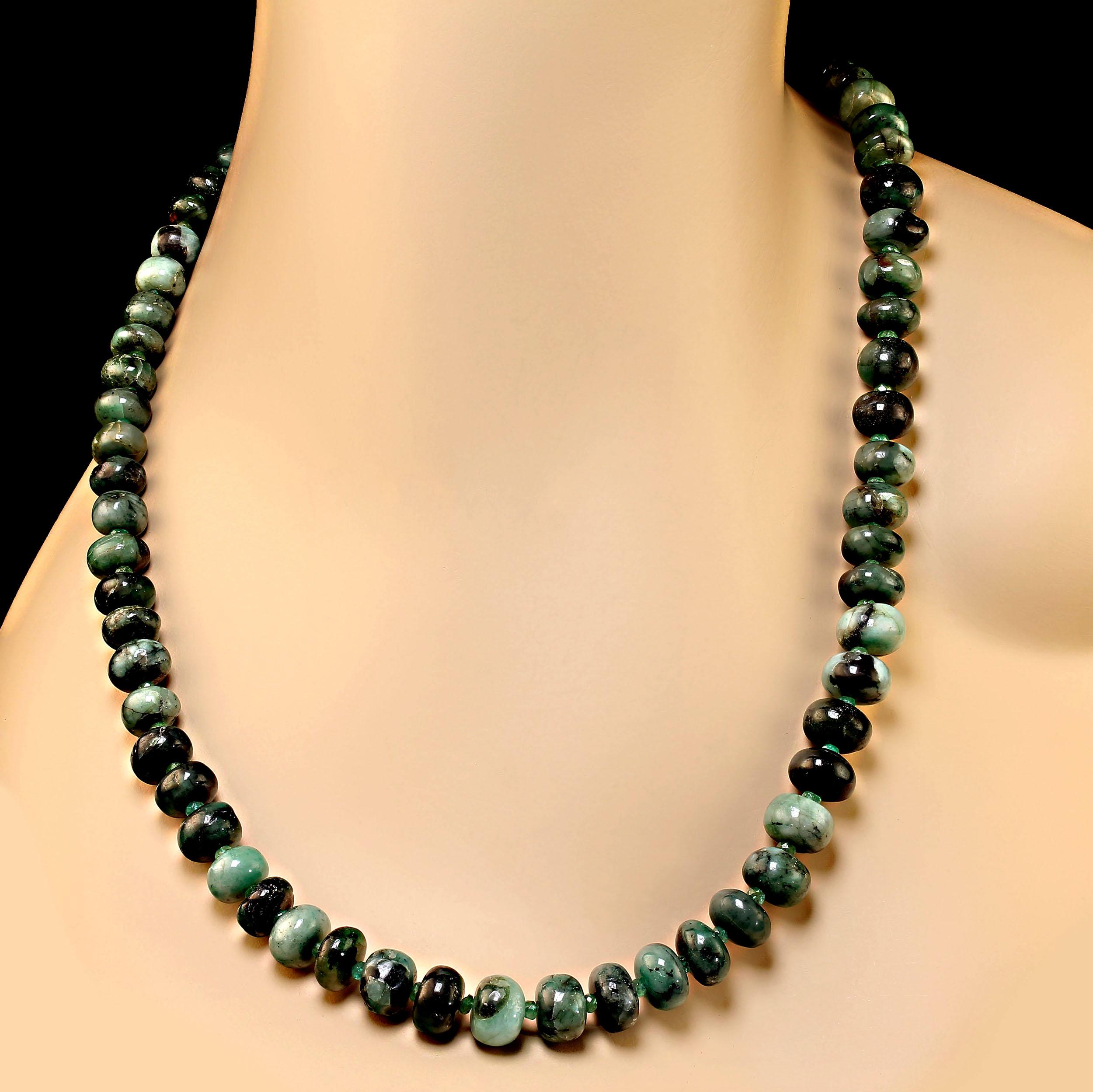 Artisan AJD 25 Inch Graduated Rich Green Emerald Matrix Rondelle necklace. Great Gift! For Sale