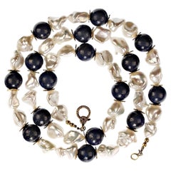 AJD 26 Inch Keshi Pearl and Lapis Lazuli Necklace June Birthstone