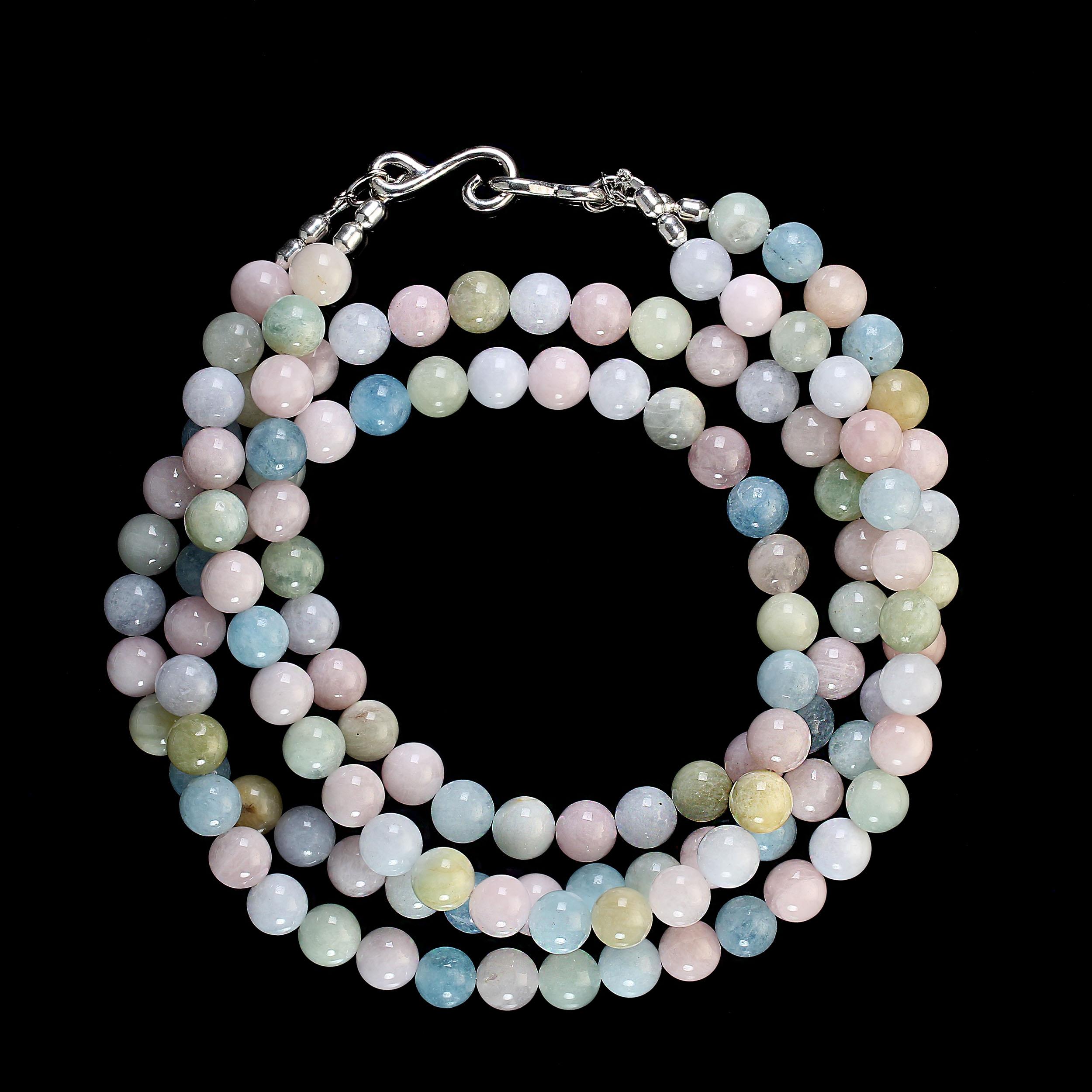 Perlina AJD Collana a due fili di berillo e morganite multicolore da 26 pollici in vendita