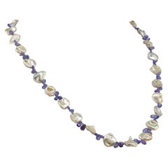AJD 27 Inch White Keshi Pearls and Sparkling Tanzanite June Birthstone