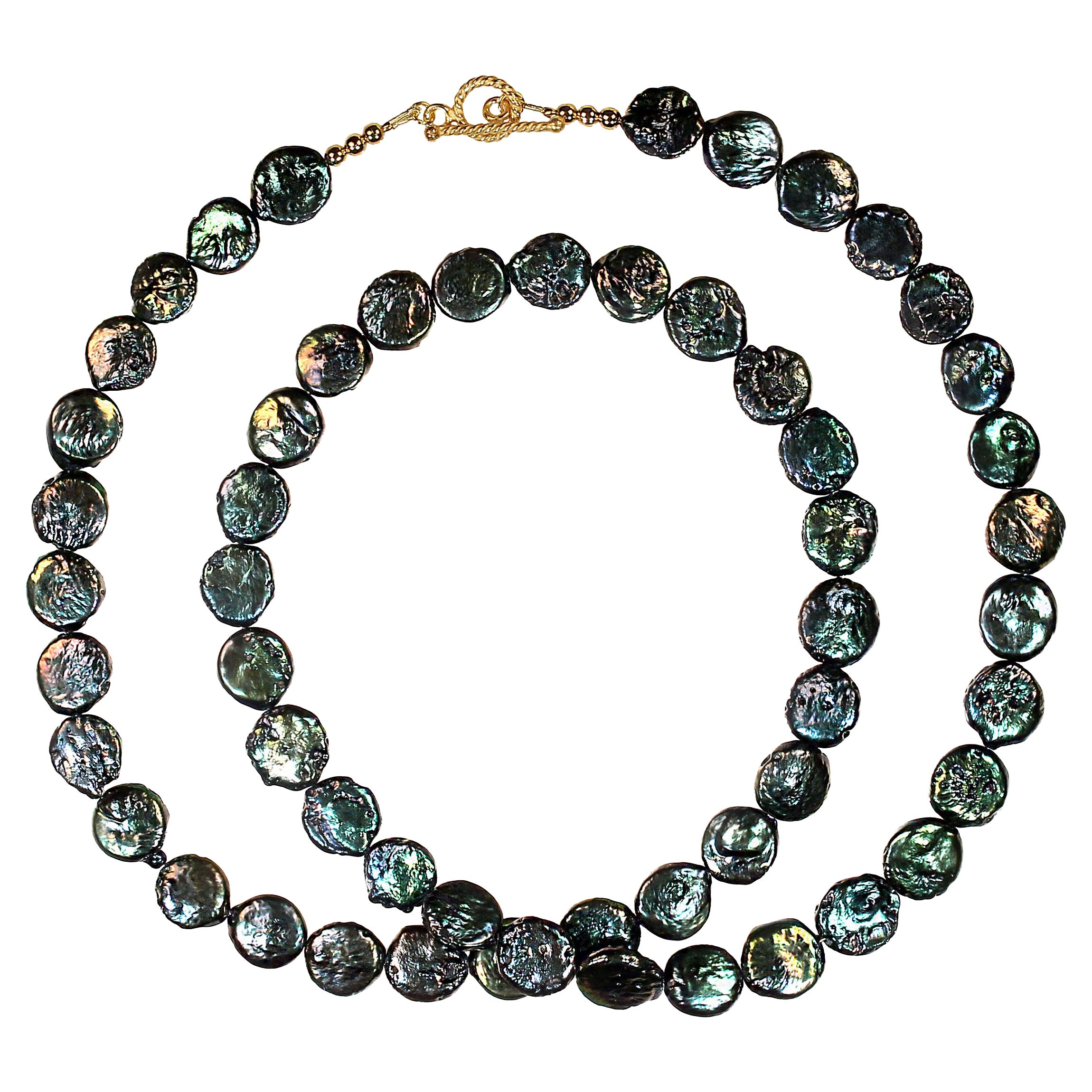 AJD Collar de perlas con moneda azul/verde iridiscente de 28 pulgadas