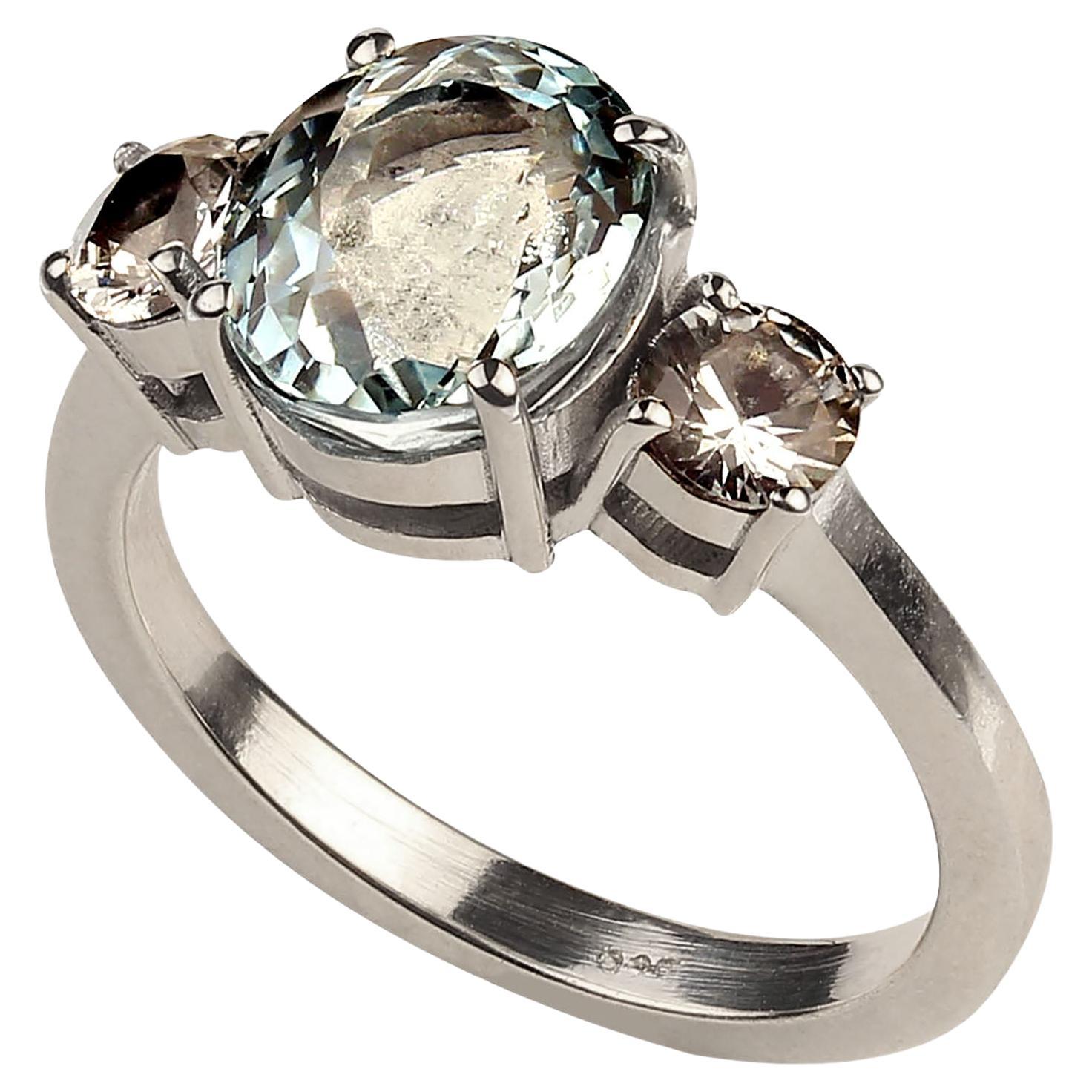 Oval Cut AJD 2.8ct Sparkling Oval Aquamarine and White Sapphire in Sterling Silver Ring