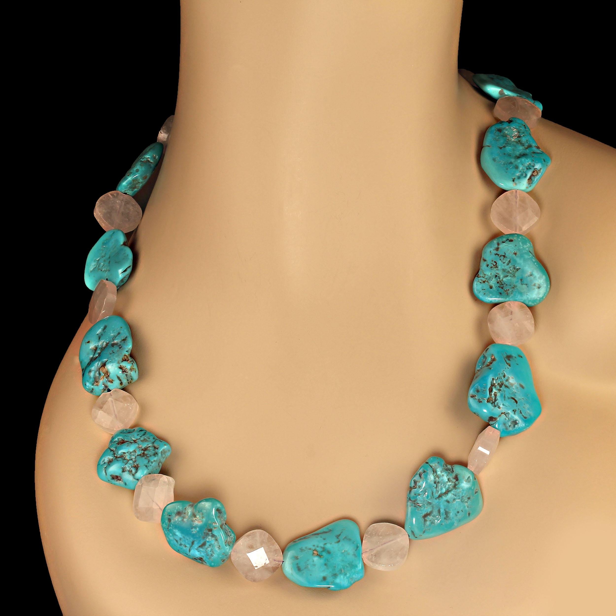 29 Inches of Gorgeous Sleeping Beauty turquoise tablets. 21x21mm, and rose quartz squares with checkerboard tables, 14x14mm. The combination of shade of Sleeping Beauty turquoise and rose quartz is dramatic and elegant. The necklace is secured with