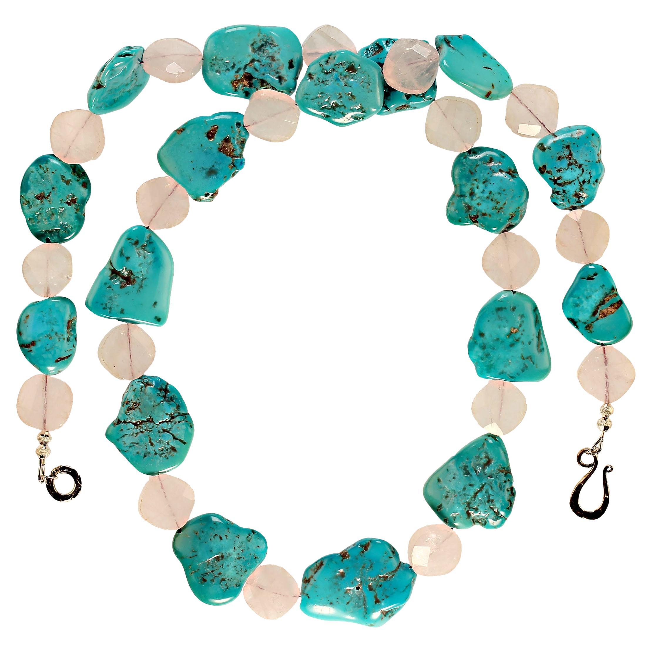 Artisan AJD 29 Inch Sleeping Beauty Turquoise and Rose Quartz necklace  Great Gift! For Sale