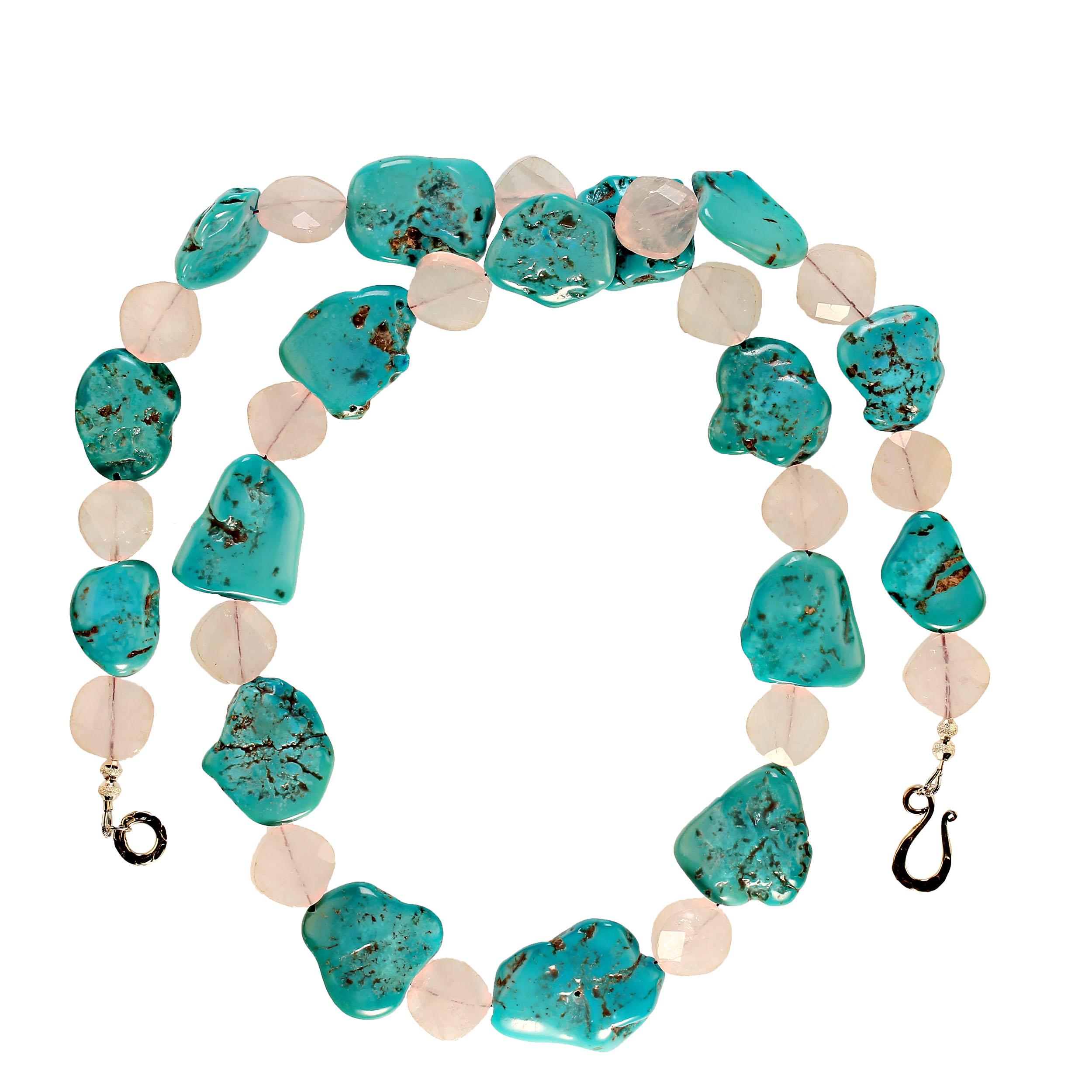 Bead AJD 29 Inch Sleeping Beauty Turquoise and Rose Quartz necklace  Great Gift! For Sale