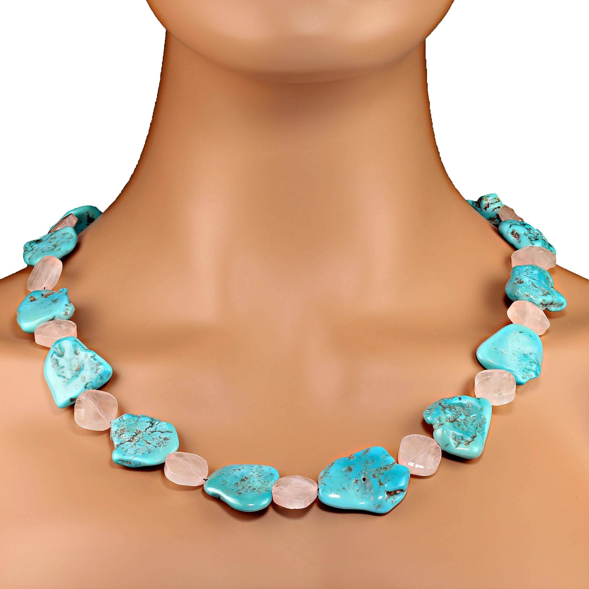 AJD 29 Inch Sleeping Beauty Turquoise and Rose Quartz necklace  Great Gift! For Sale