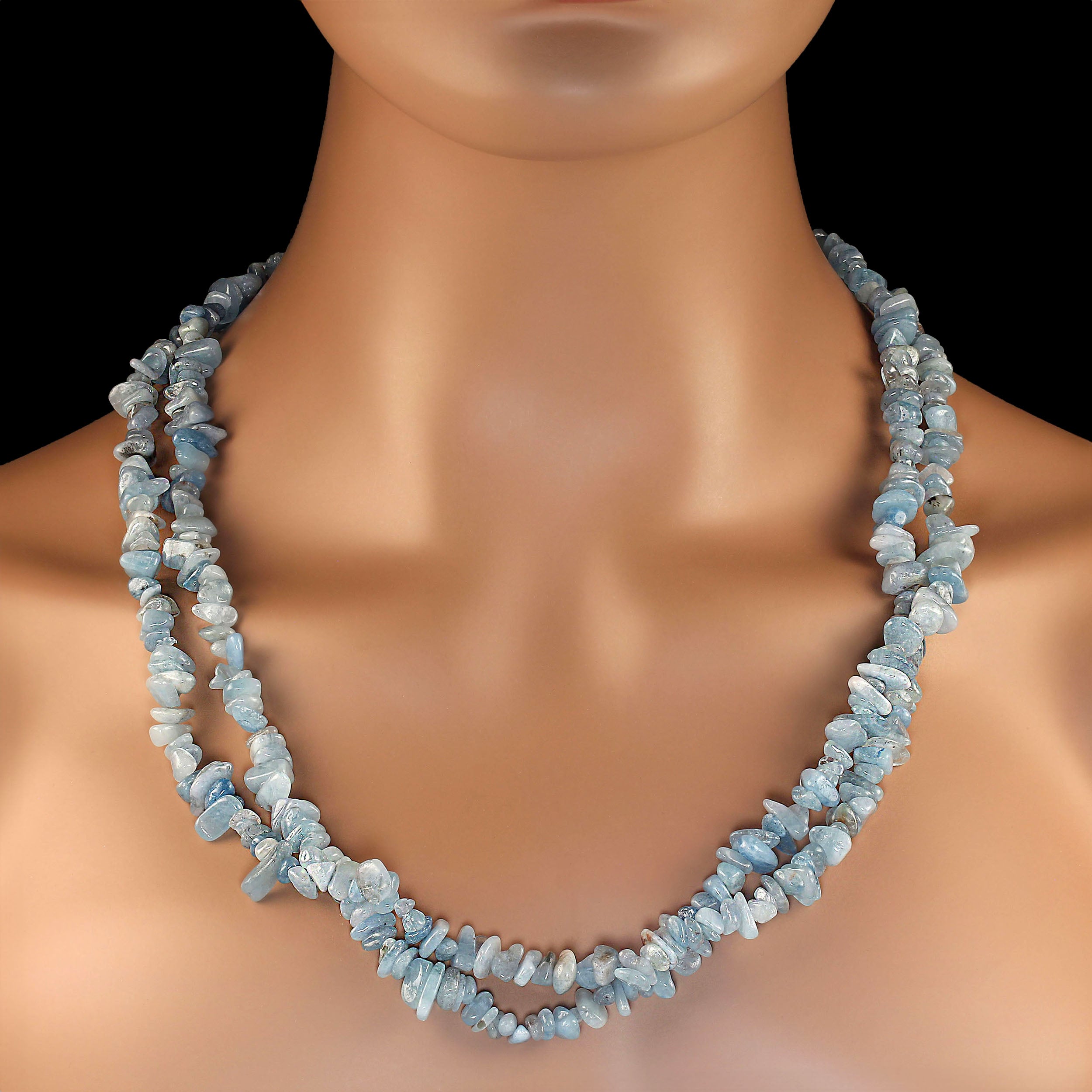AJD 29 Inch Two Strand Eternity Necklace of Aquamarine Polished Chips For Sale