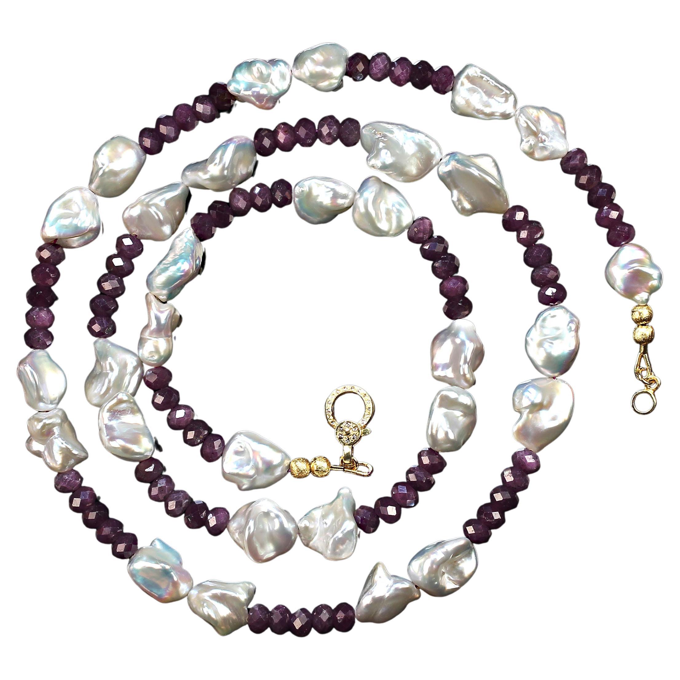Women's or Men's AJD 30 Inch Unique White Pearl and Ruby Necklace    Great Gift! For Sale