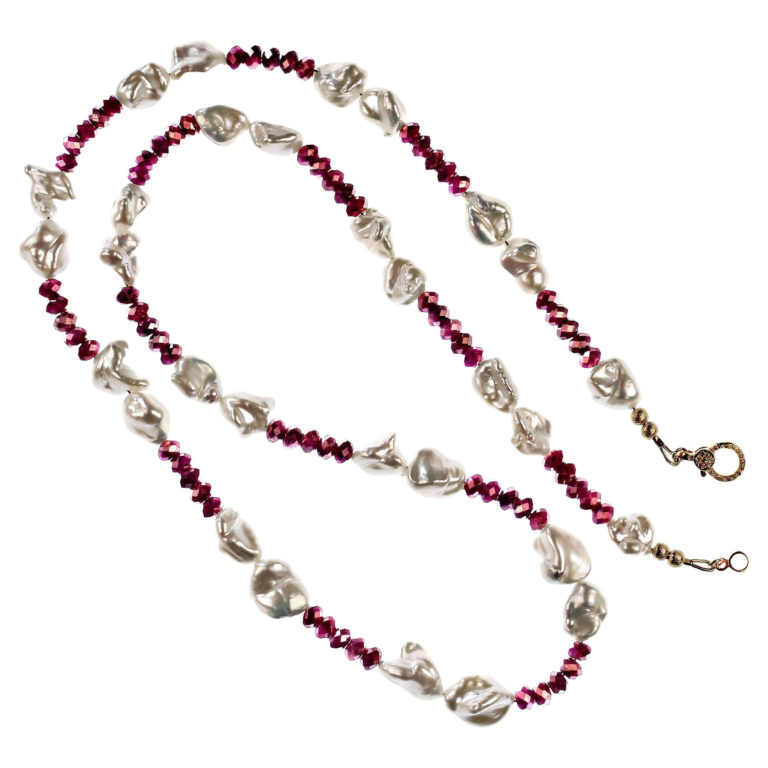 AJD 30 Inch Unique White Pearl and Ruby Necklace    Great Gift! In New Condition For Sale In Raleigh, NC