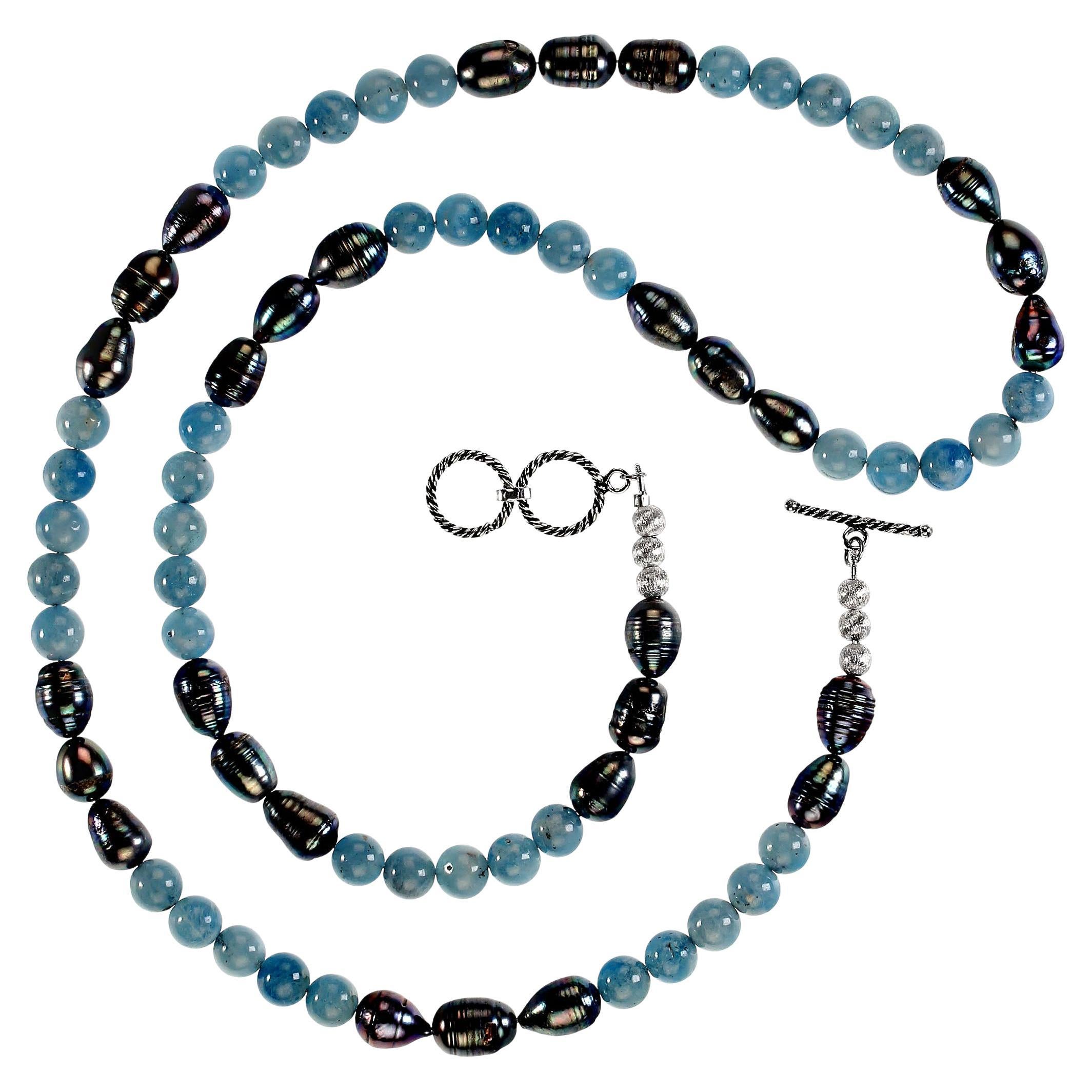 AJD 31 Zoll Elegante Halskette aus grauer Perle und blauem Aquamarin  Tolles Geschenk! für Damen oder Herren