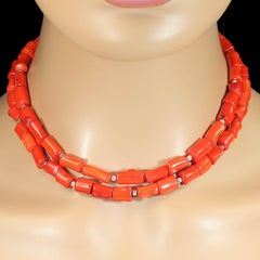 AJD 33 Inch Coral Tube Necklace with Silver accents