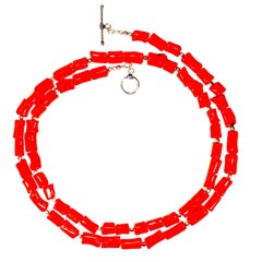 AJD 33 Inch Coral Tube Necklace with Silver accents
