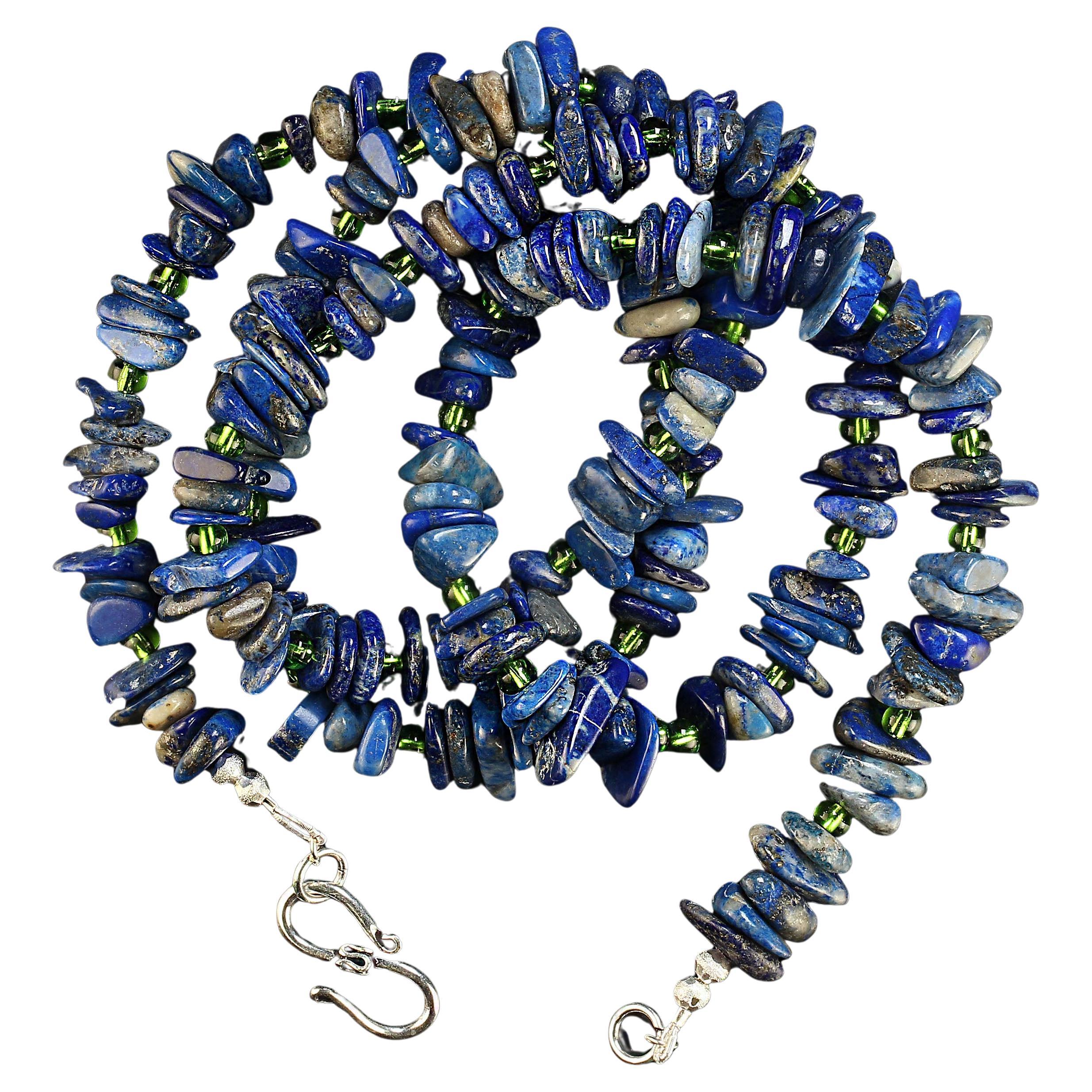 AJD 33-Inch Striking Combination of Lapis Lazuli and Green Czech Beads Necklace For Sale