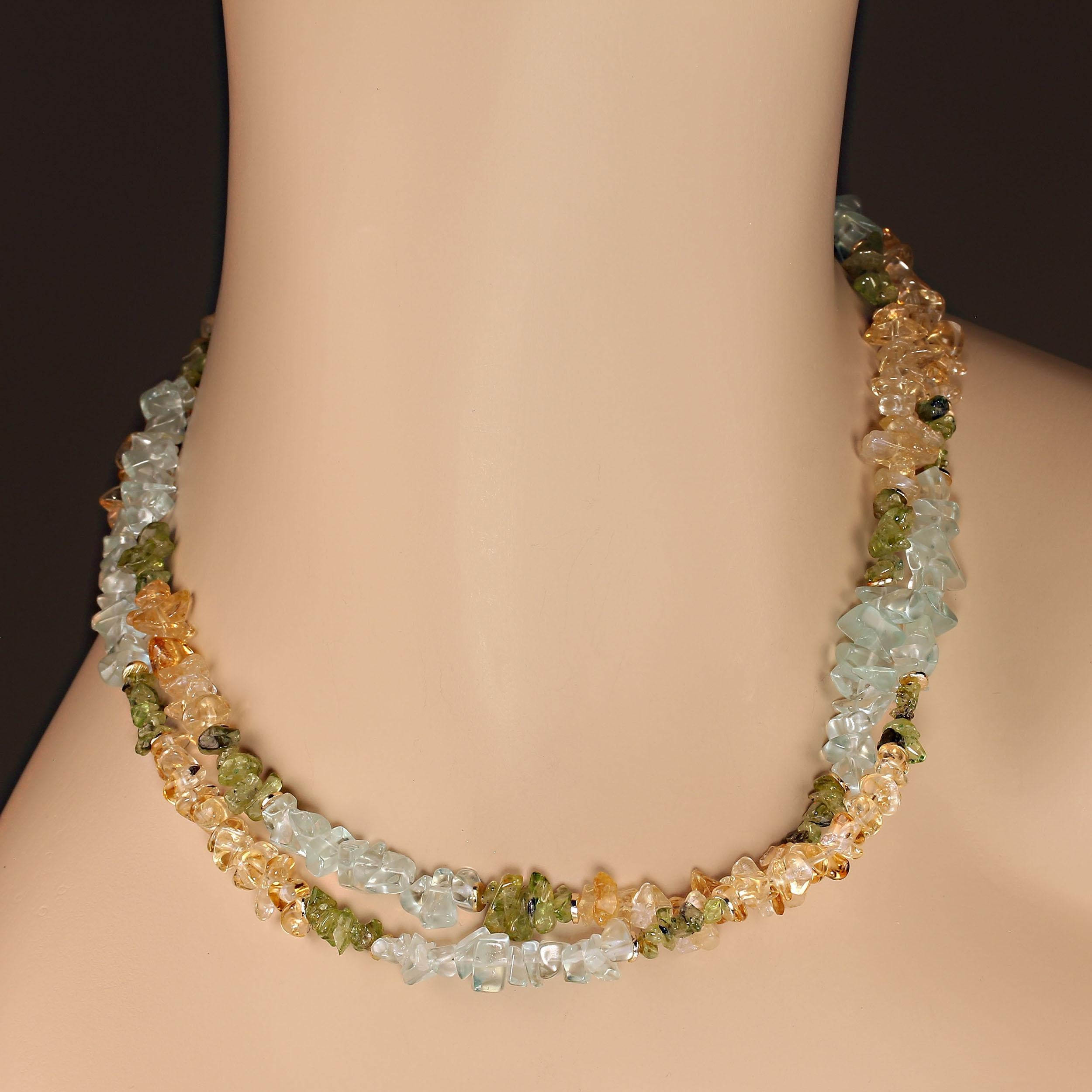 Artisan AJD 34 Inch Rope of Highly Polished Chips Citrine, Aquamarine, and Peridot  For Sale