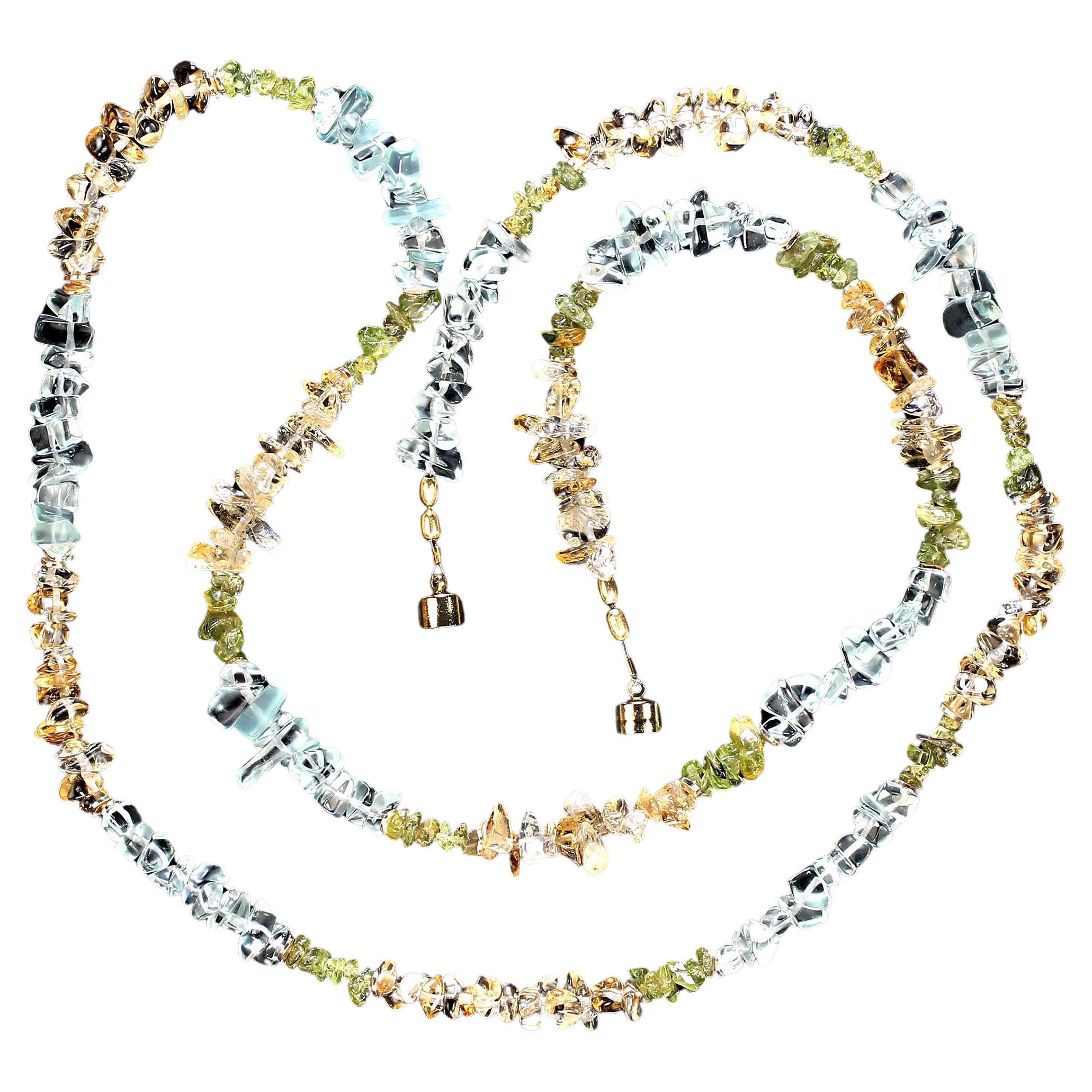 Artisan AJD 34 Inch Rope of Highly Polished Chips Citrine, Aquamarine, and Peridot For Sale