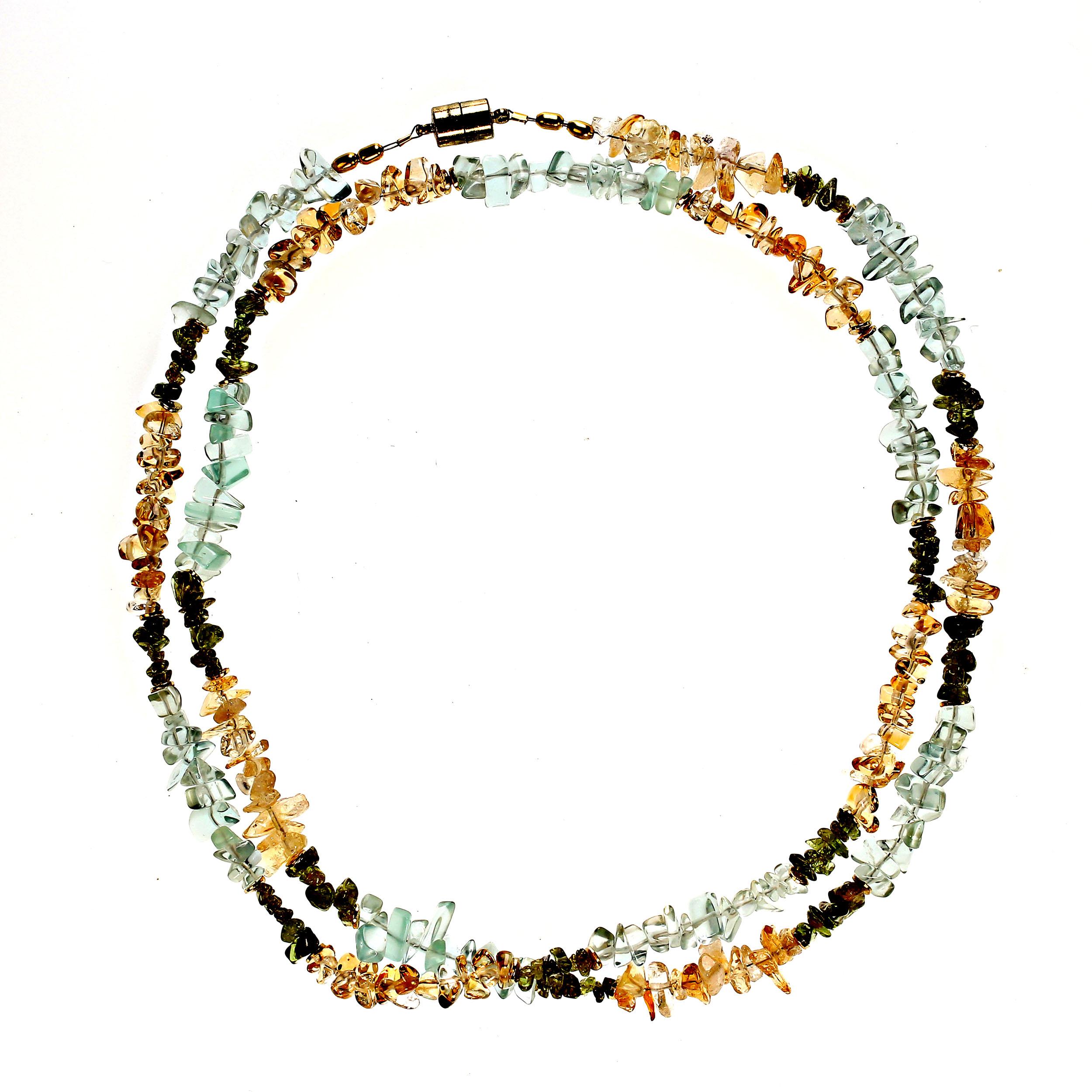 Bead AJD 34 Inch Rope of Highly Polished Chips Citrine, Aquamarine, and Peridot  For Sale