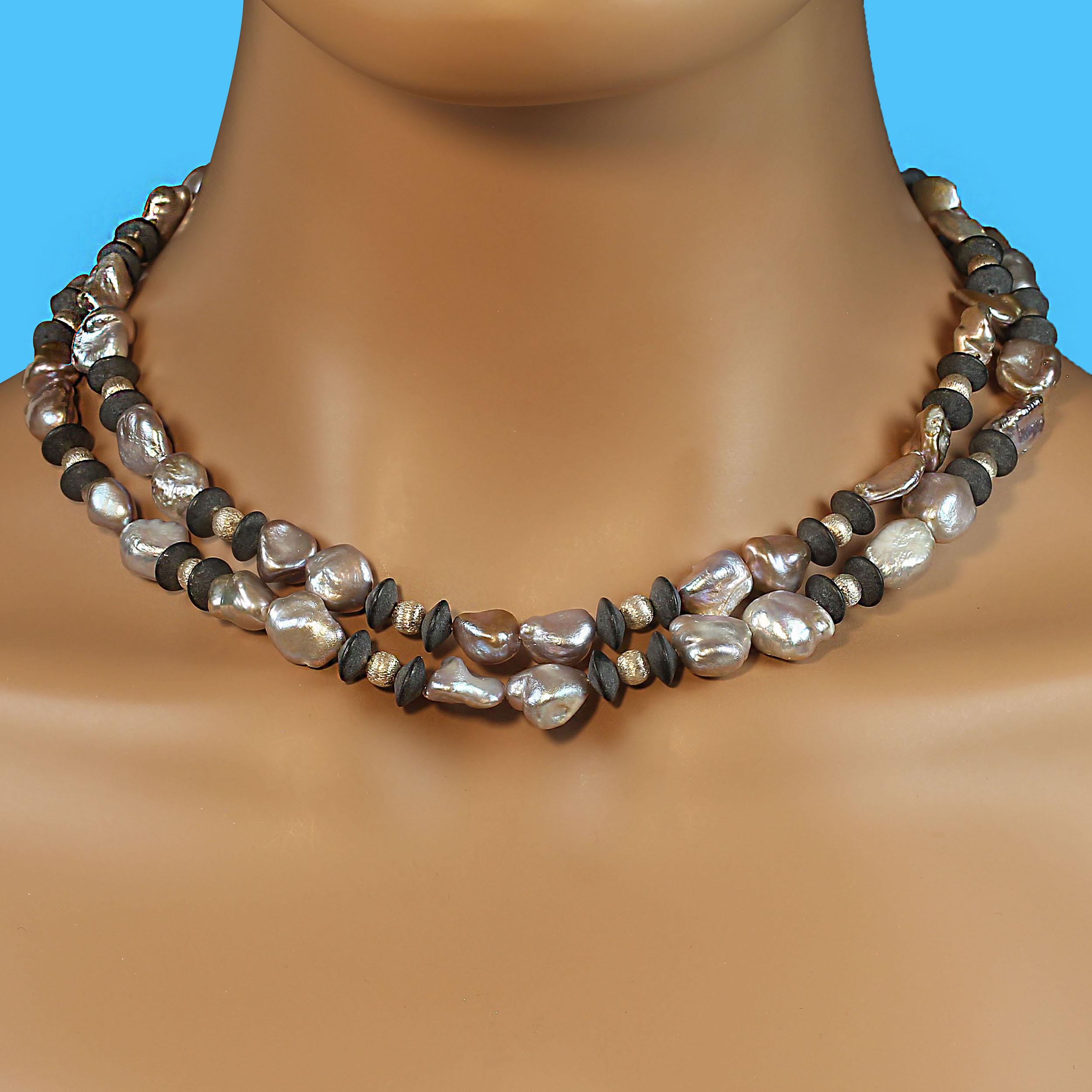 AJD 36 Inch Long and Lovely Silvery Pearls and Black Onyx Necklace For Sale 3