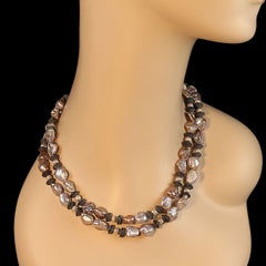 AJD 36 Inch Long and Lovely Silvery Pearls and Black Onyx Necklace