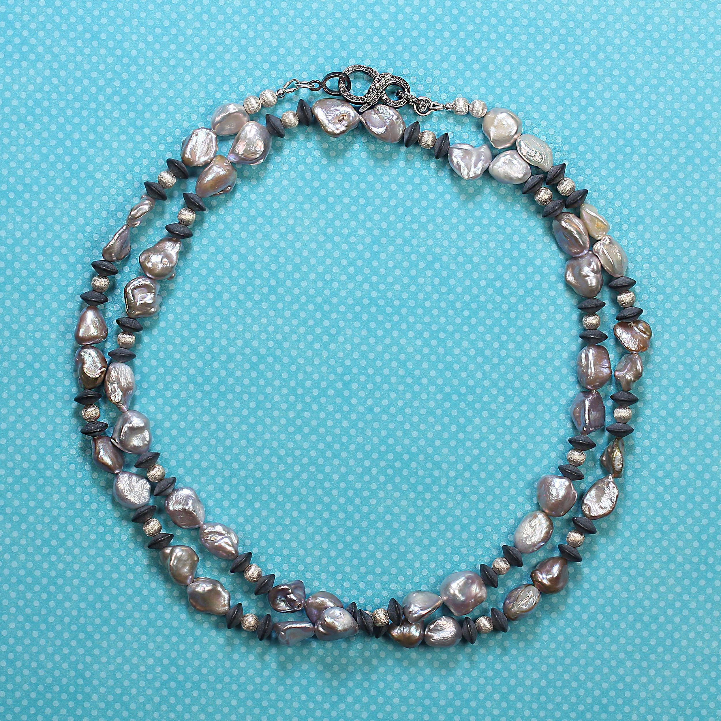AJD 36 Inch Long and Lovely Silvery Pearls and Black Onyx Necklace For Sale 1