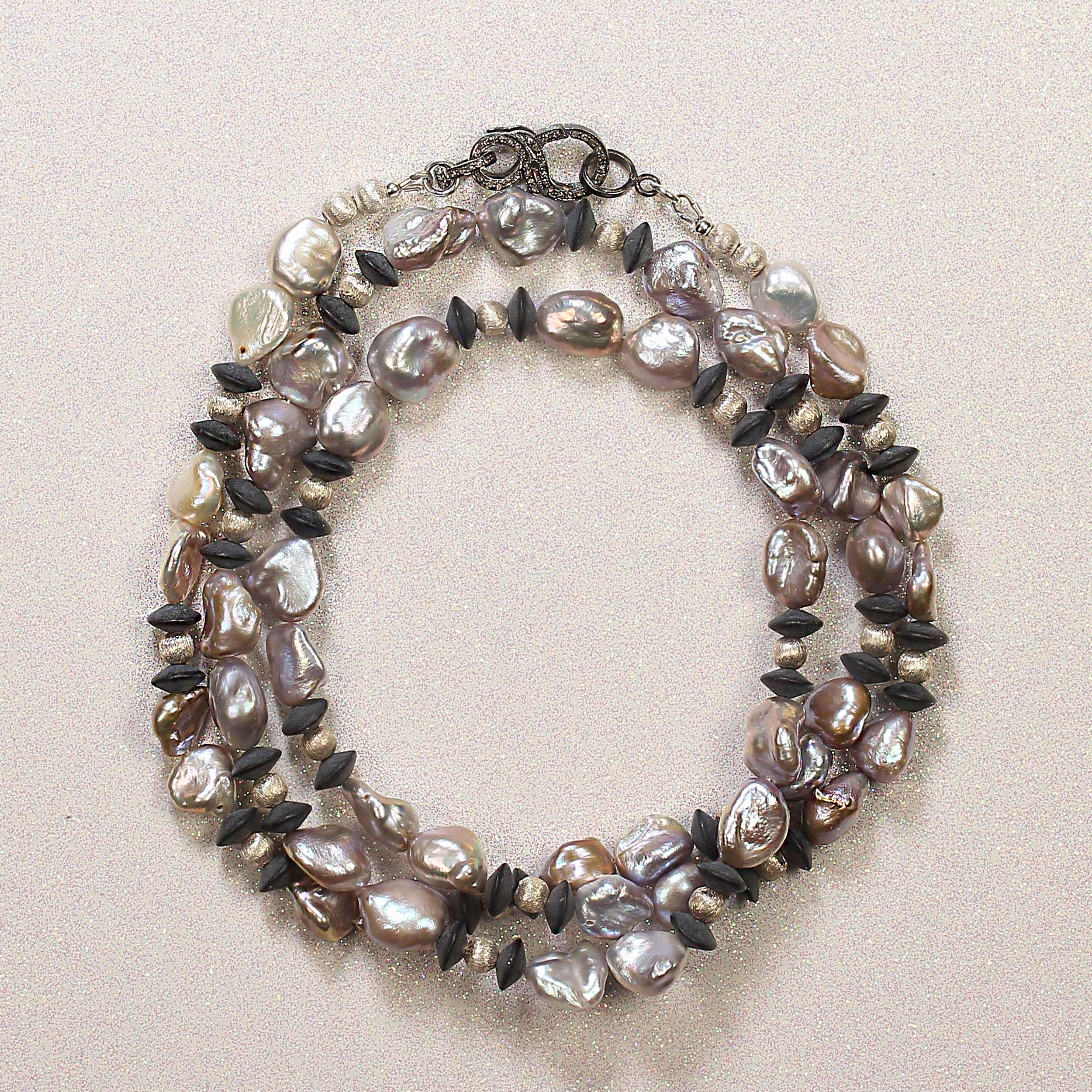 AJD 36 Inch Long and Lovely Silvery Pearls and Black Onyx Necklace For Sale 2
