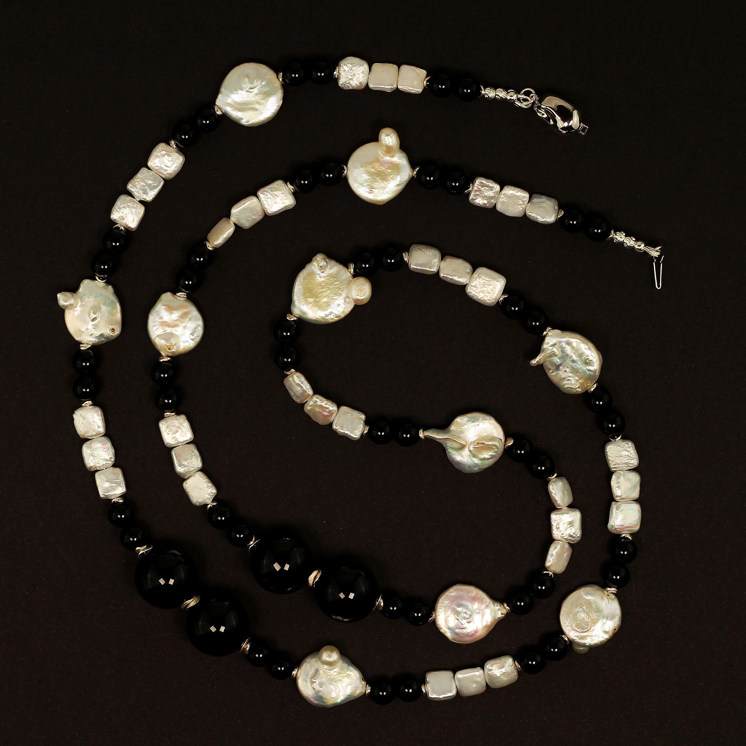 Artisan AJD  Elegant 45 Inch Black and White Pearl and Onyx Necklace For Sale