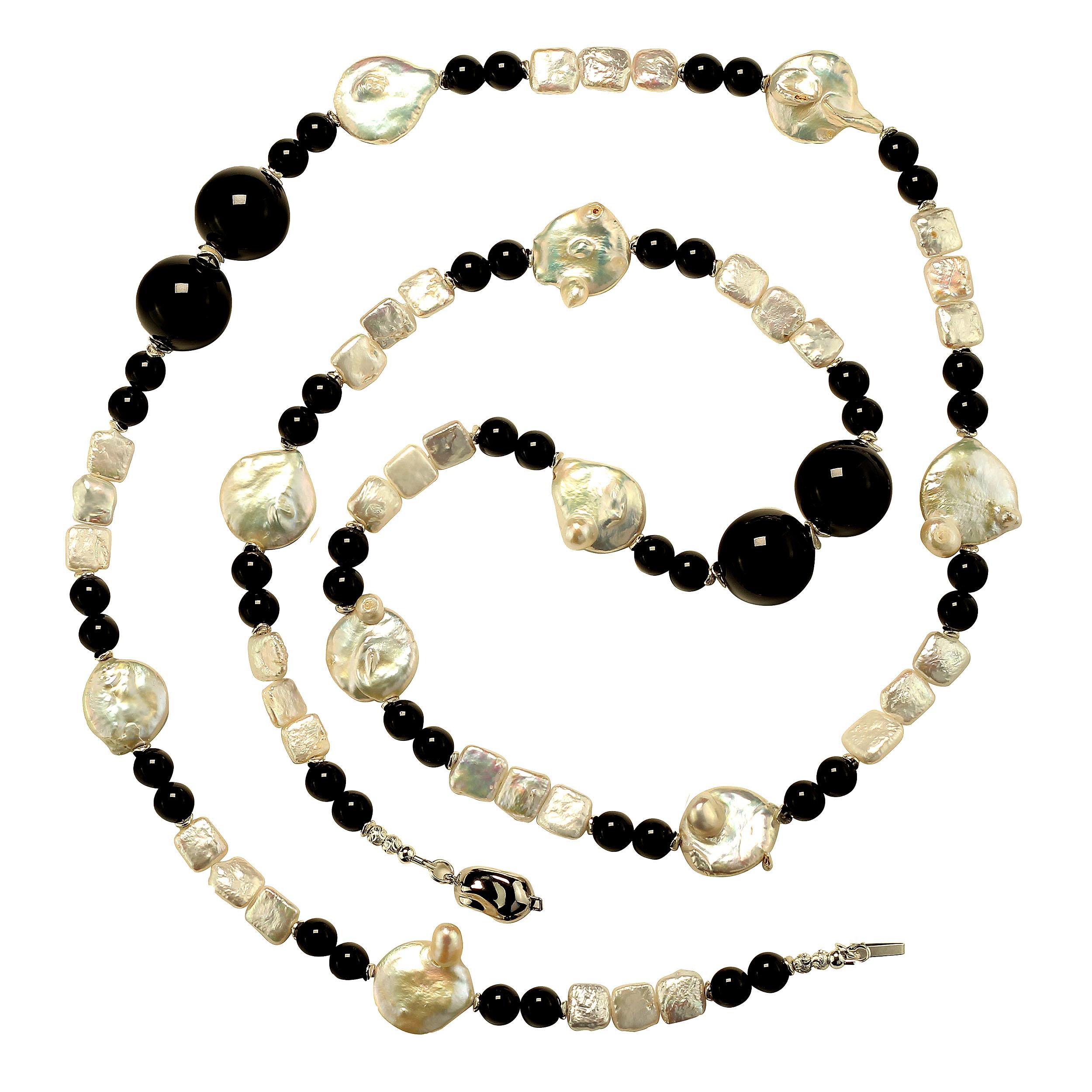 Bead AJD  Elegant 45 Inch Black and White Pearl and Onyx Necklace For Sale