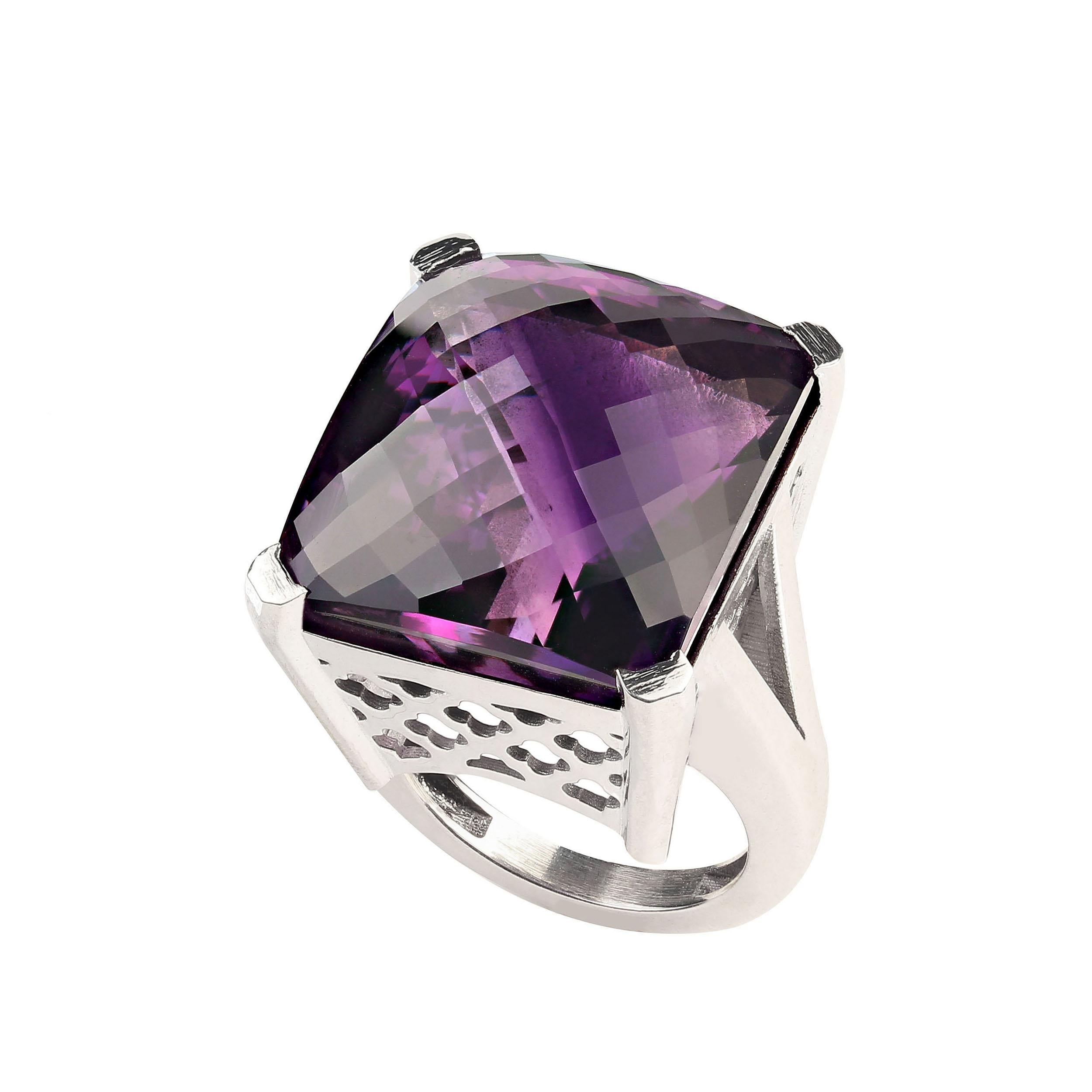Antique Cushion Cut AJD 56Ct Square Awe-Inspiring Amethyst  Sterling Silver Ring February Birthstone For Sale