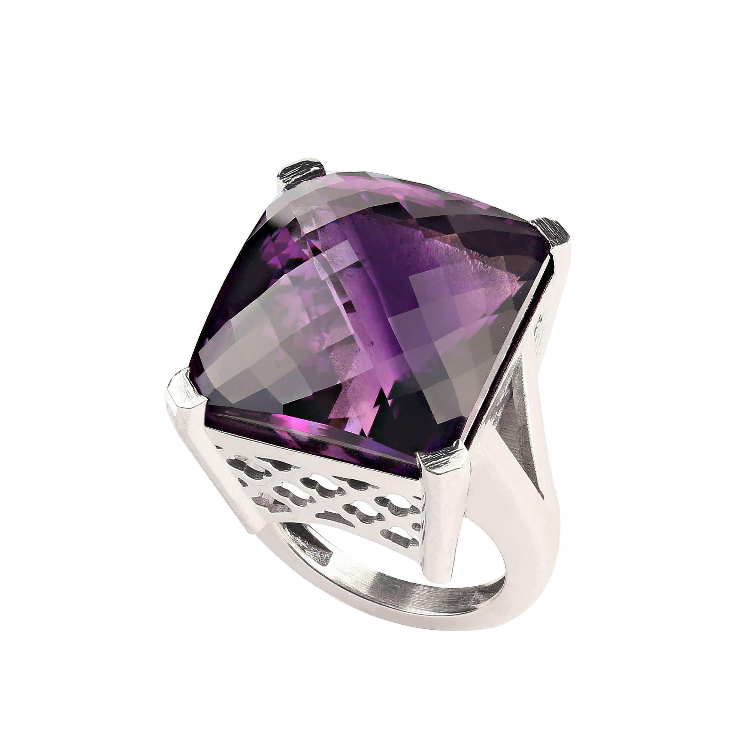 Antique Cushion Cut AJD 56Ct Square Awe-Inspiring Amethyst  Sterling Silver Ring February Birthstone