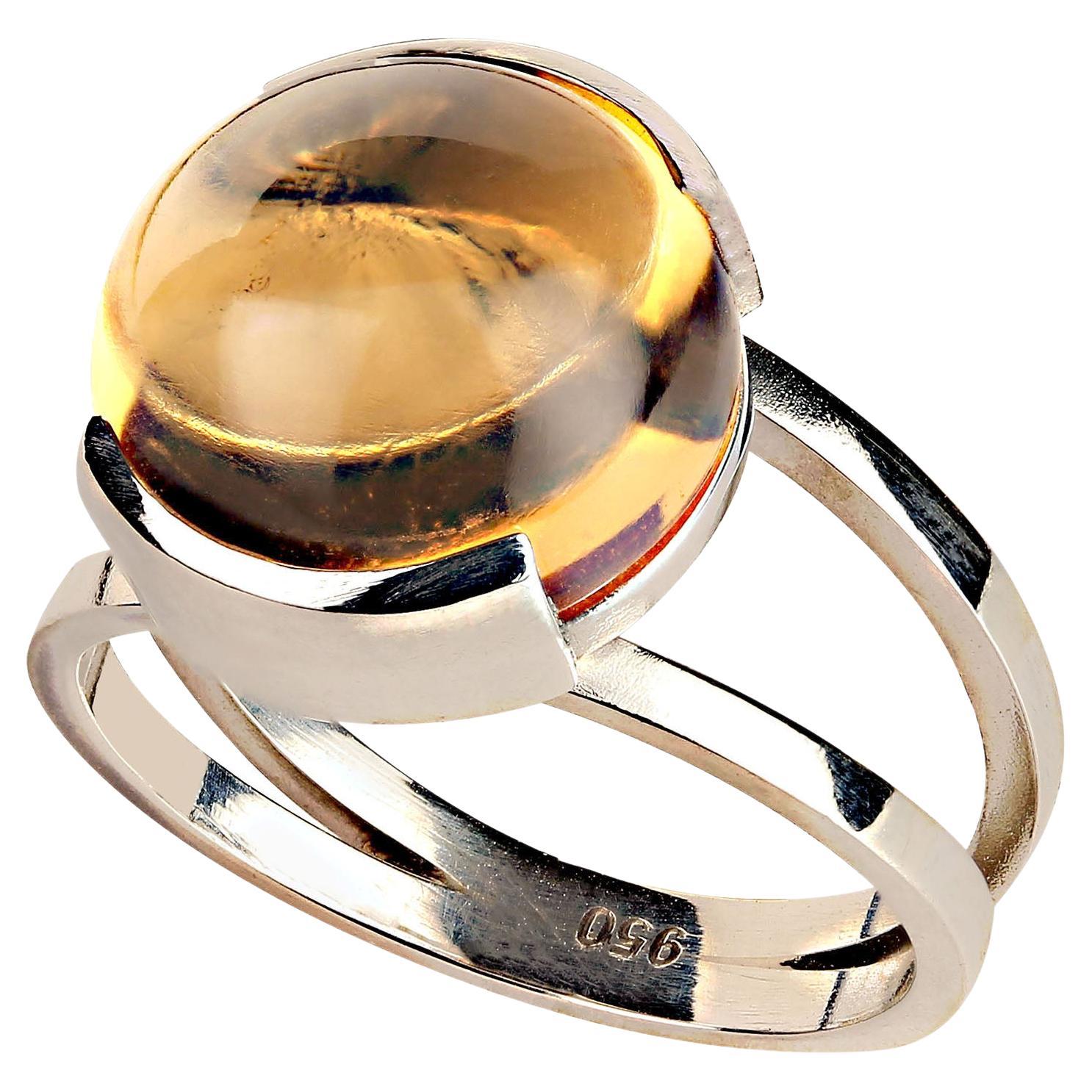 AJD 8.7 Carat Unusual Round Cabochon Citrine in Stering Silver Ring