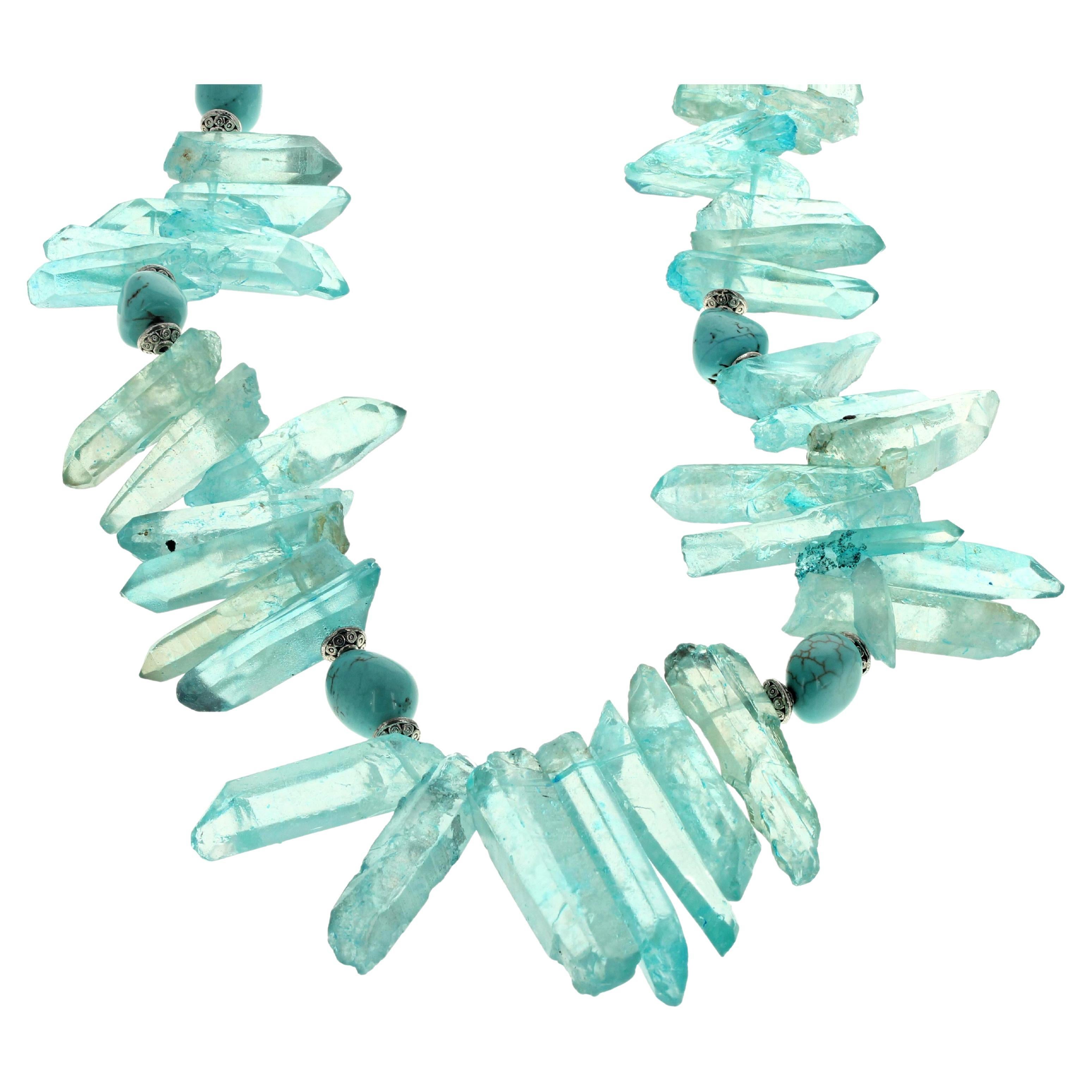 This hugely dramatic flippy-floppy 21 inch long Aquamarine necklace stands out around your neck very dramatically.  The longest of these real Aquamarines is approximately 40.5mm x 8mm thick.  The Turquoise are real from the mine in Arizona.  The