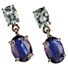 AJD Superbes boucles d'oreilles en aigue-marine ovale et Kyanite bleue en or blanc 14 carats