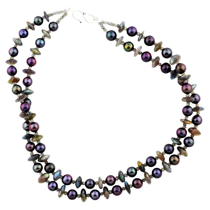 Mixed Cut AJD Glowing Aubergine Color Pearl Necklace enhanced w/Sparkling Labradorites