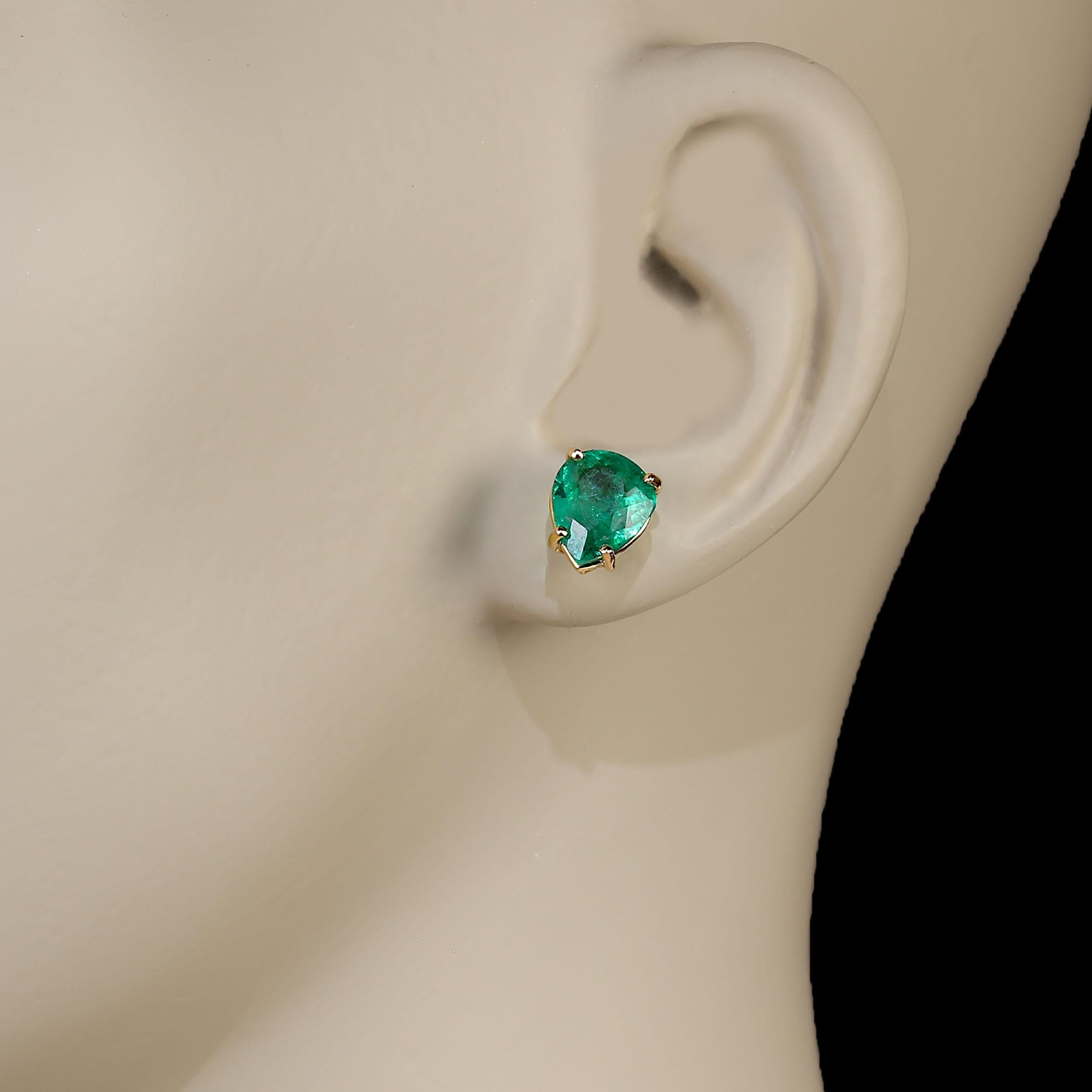 Incredibly elegant Emerald studs, 4.26ctw. These beautiful wide bodied pear shaped brazilian Emeralds are just gorgeous. They are approximately 10 x 8 MM and set in 18K rich yellow gold. Wear these beauties day and evening. ME2314